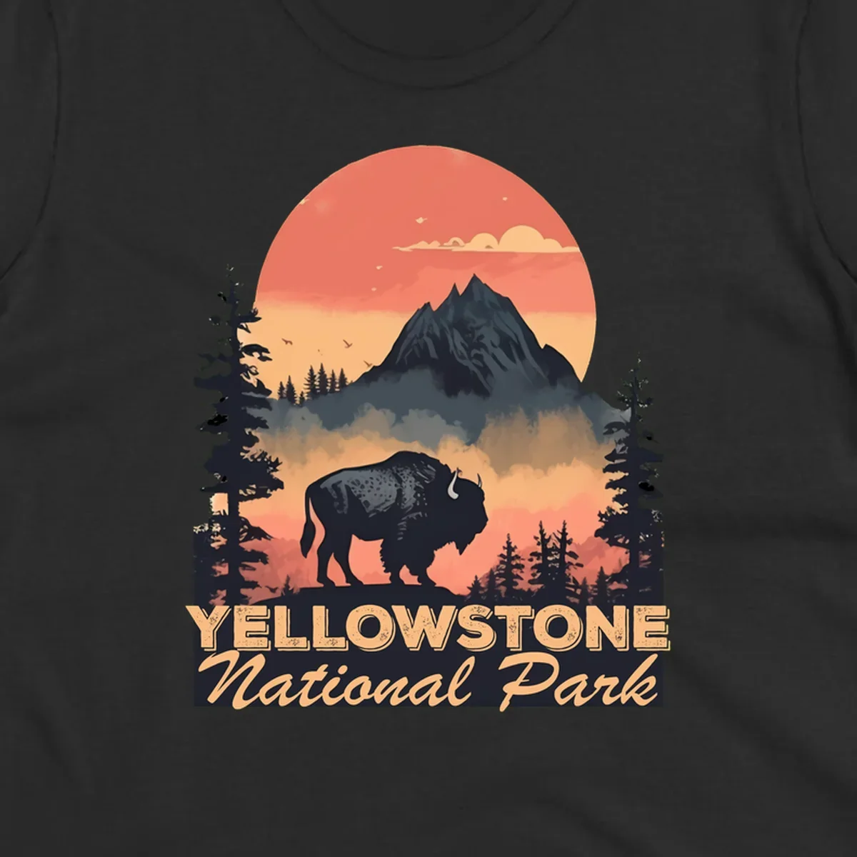 Yellowstone bison national park design: silhouette of a bison in misty forest with mountain peak and sunset sky