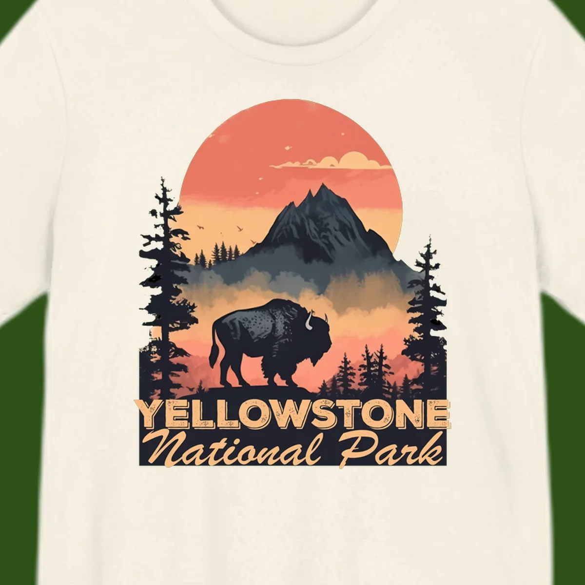Yellowstone bison national park design: silhouette of a bison in misty forest with mountain peak and sunset sky