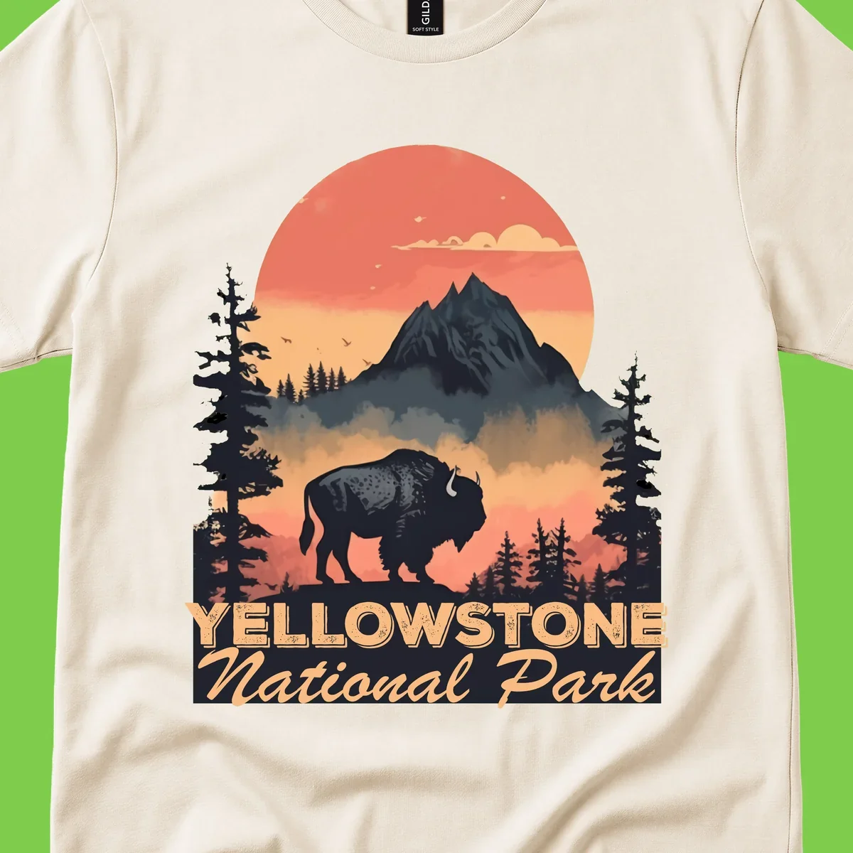 Yellowstone bison national park design: silhouette of a bison in misty forest with mountain peak and sunset sky