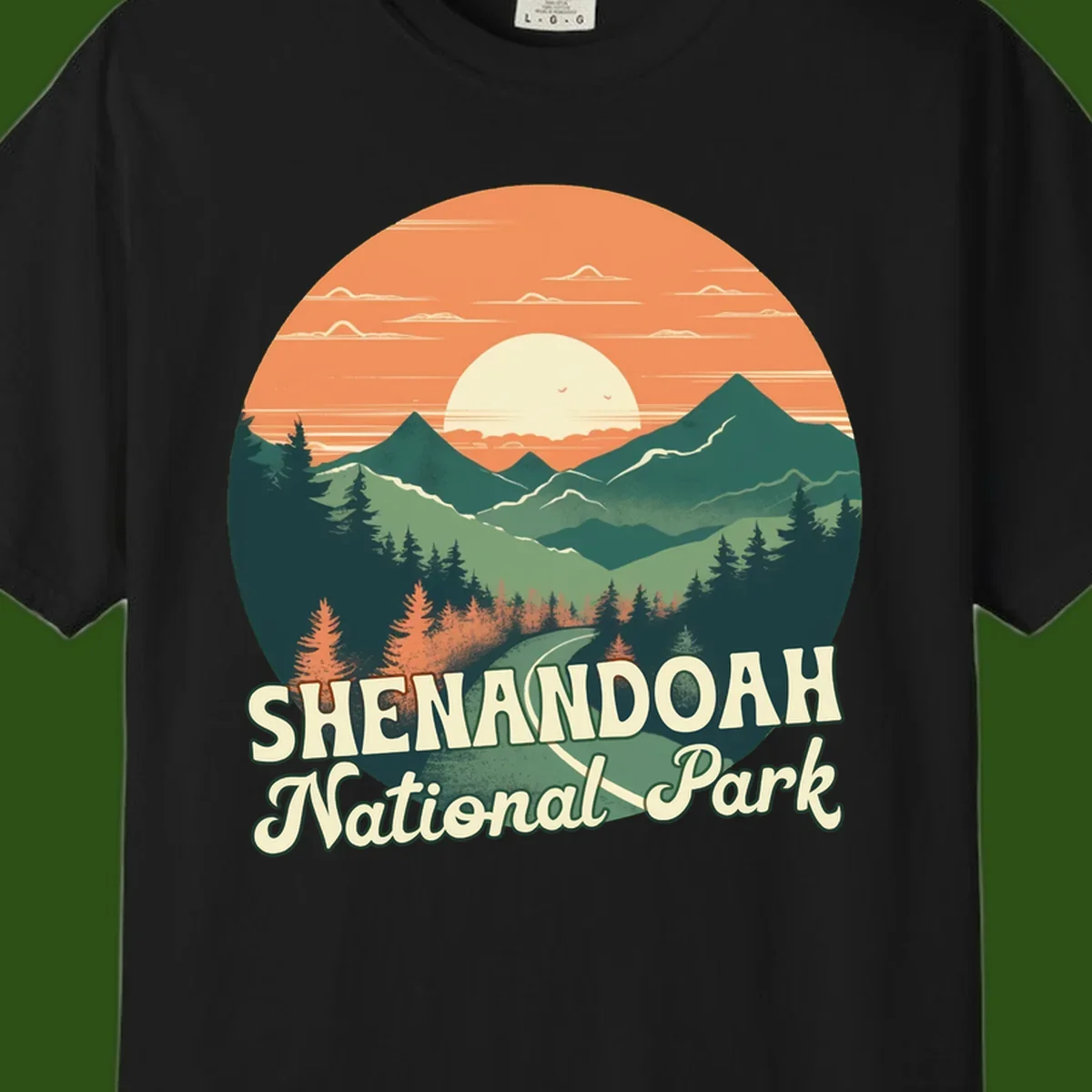 Vintage-style illustration of Shenandoah National Park with layered mountains, evergreen forests, and a large orange sunset sky with text reading Shenandoah National Park.