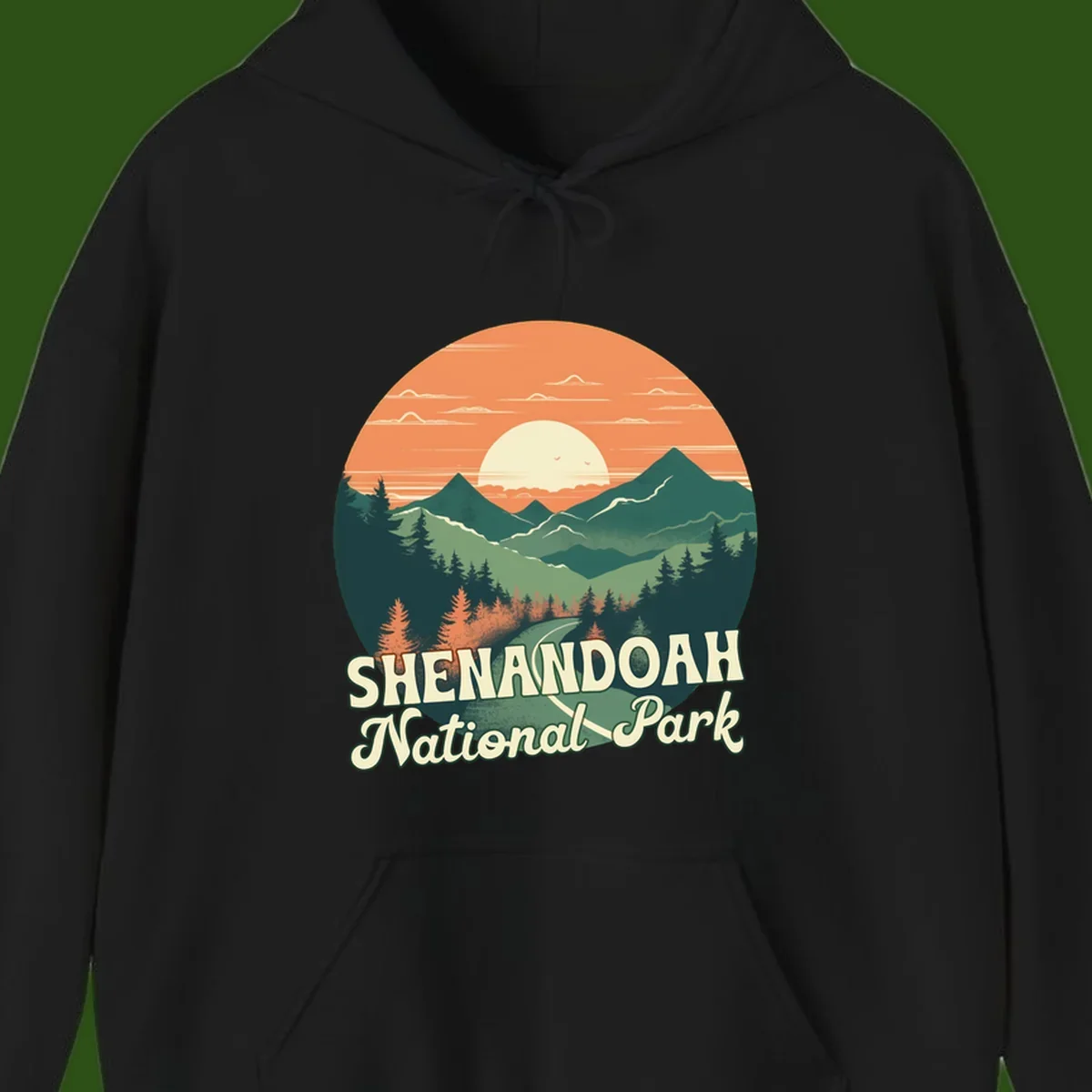 Vintage-style illustration of Shenandoah National Park with layered mountains, evergreen forests, and a large orange sunset sky with text reading Shenandoah National Park.