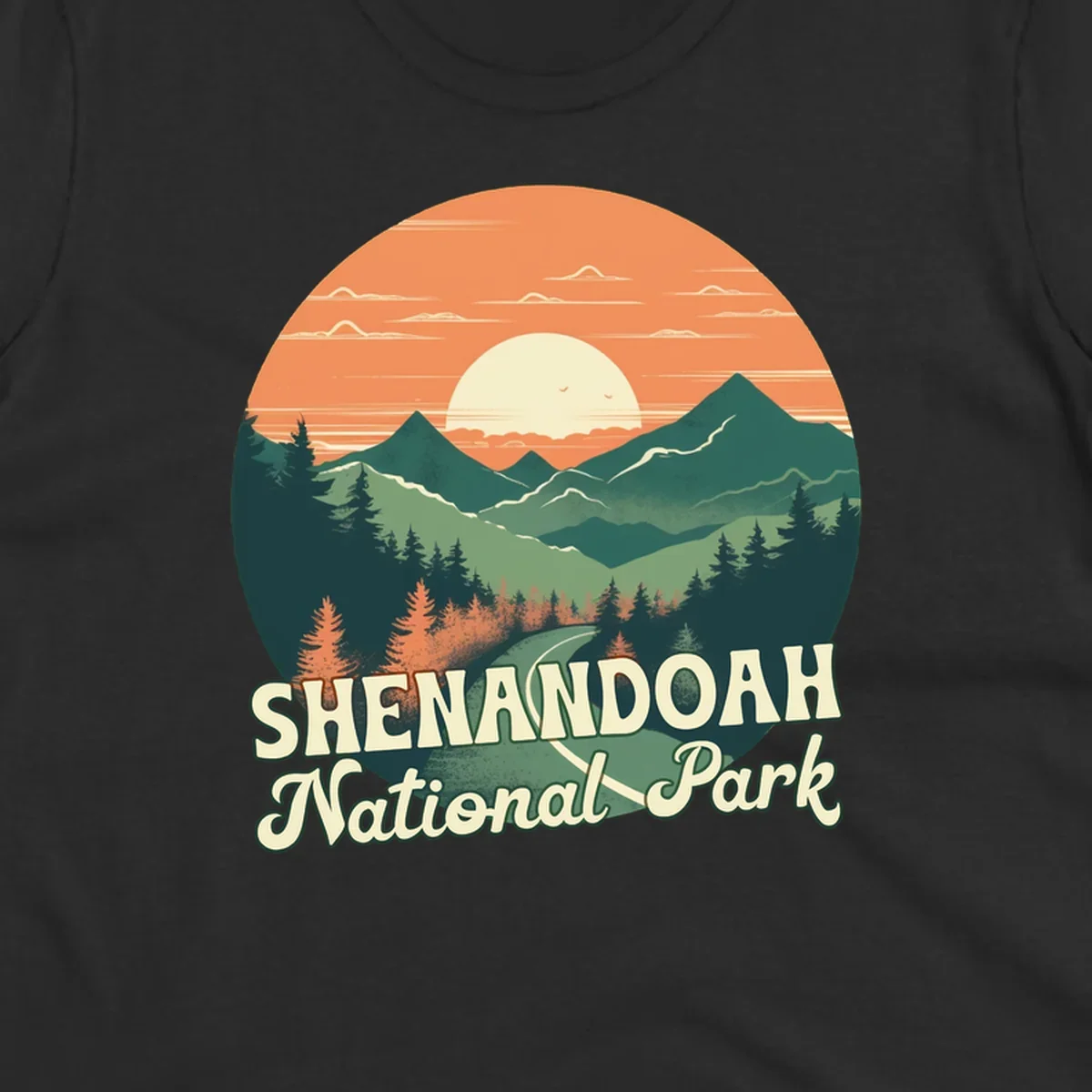 Vintage-style illustration of Shenandoah National Park with layered mountains, evergreen forests, and a large orange sunset sky with text reading Shenandoah National Park.