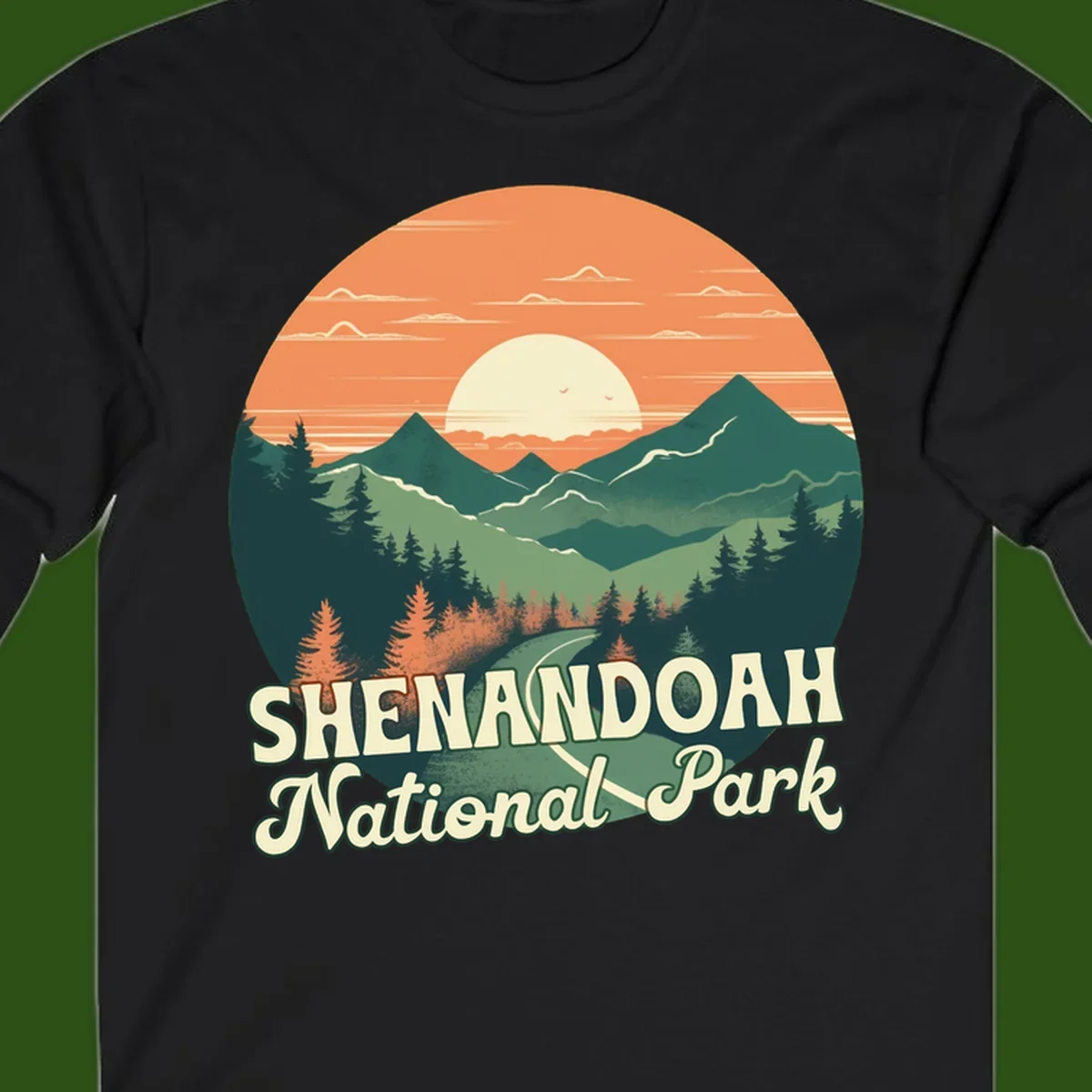 Vintage-style illustration of Shenandoah National Park with layered mountains, evergreen forests, and a large orange sunset sky with text reading Shenandoah National Park.