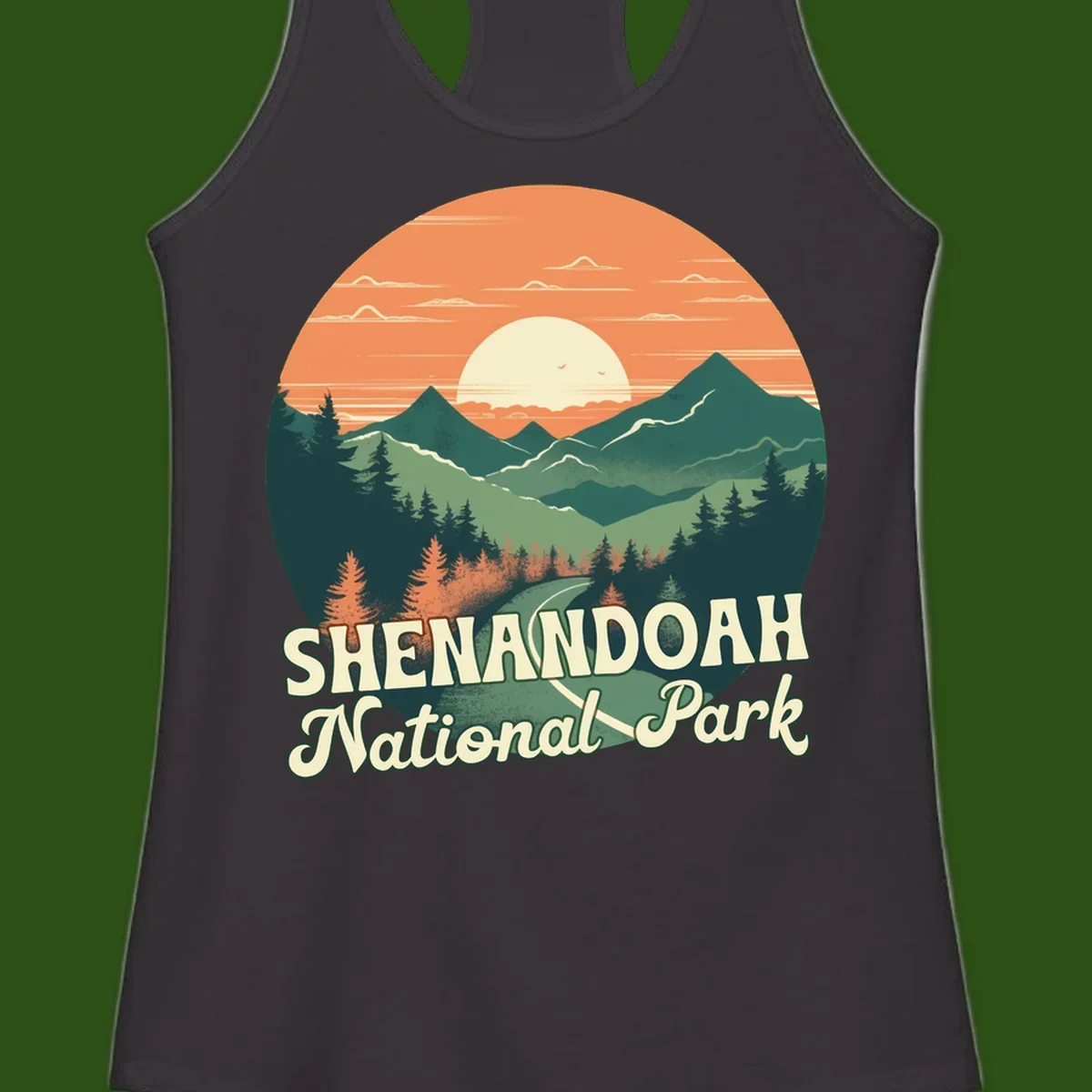 Vintage-style illustration of Shenandoah National Park with layered mountains, evergreen forests, and a large orange sunset sky with text reading Shenandoah National Park.