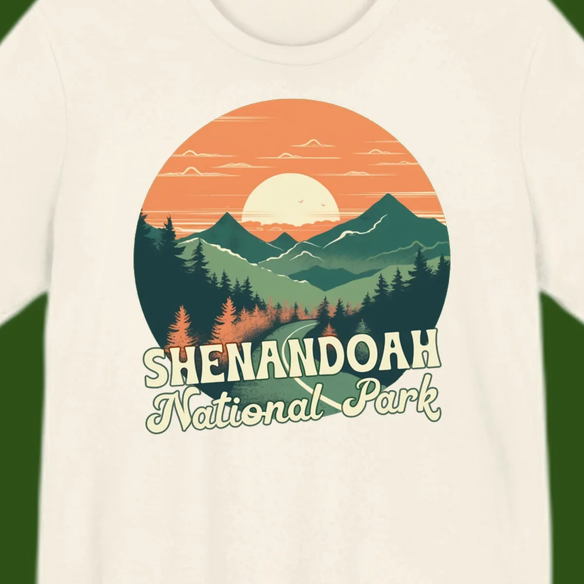 Vintage-style illustration of Shenandoah National Park with layered mountains, evergreen forests, and a large orange sunset sky with text reading Shenandoah National Park.