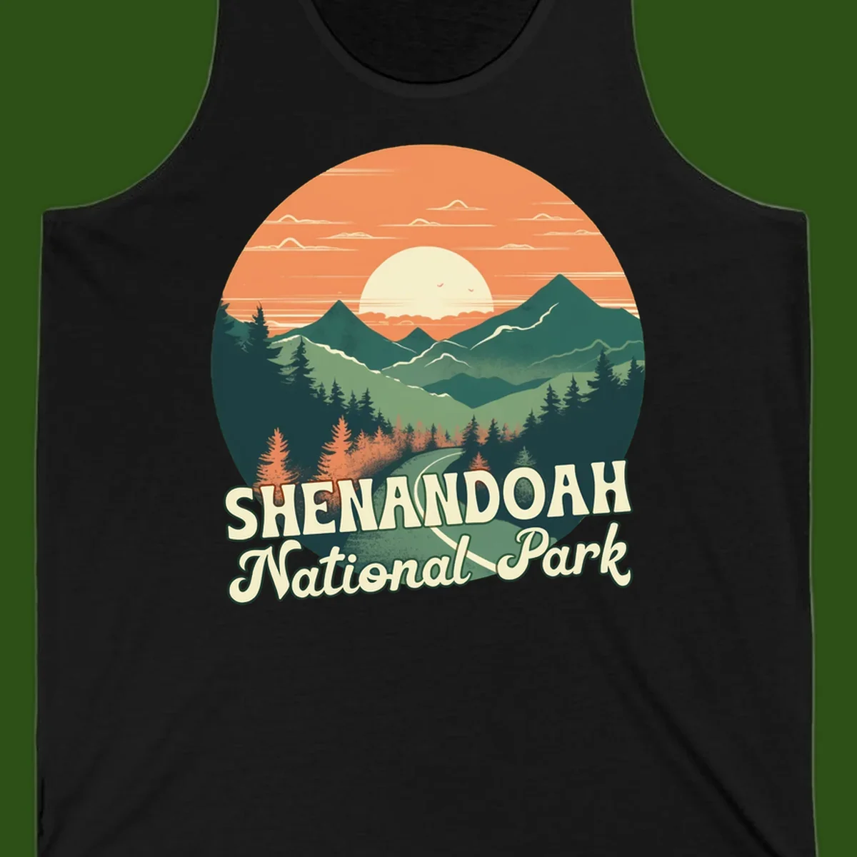 Vintage-style illustration of Shenandoah National Park with layered mountains, evergreen forests, and a large orange sunset sky with text reading Shenandoah National Park.