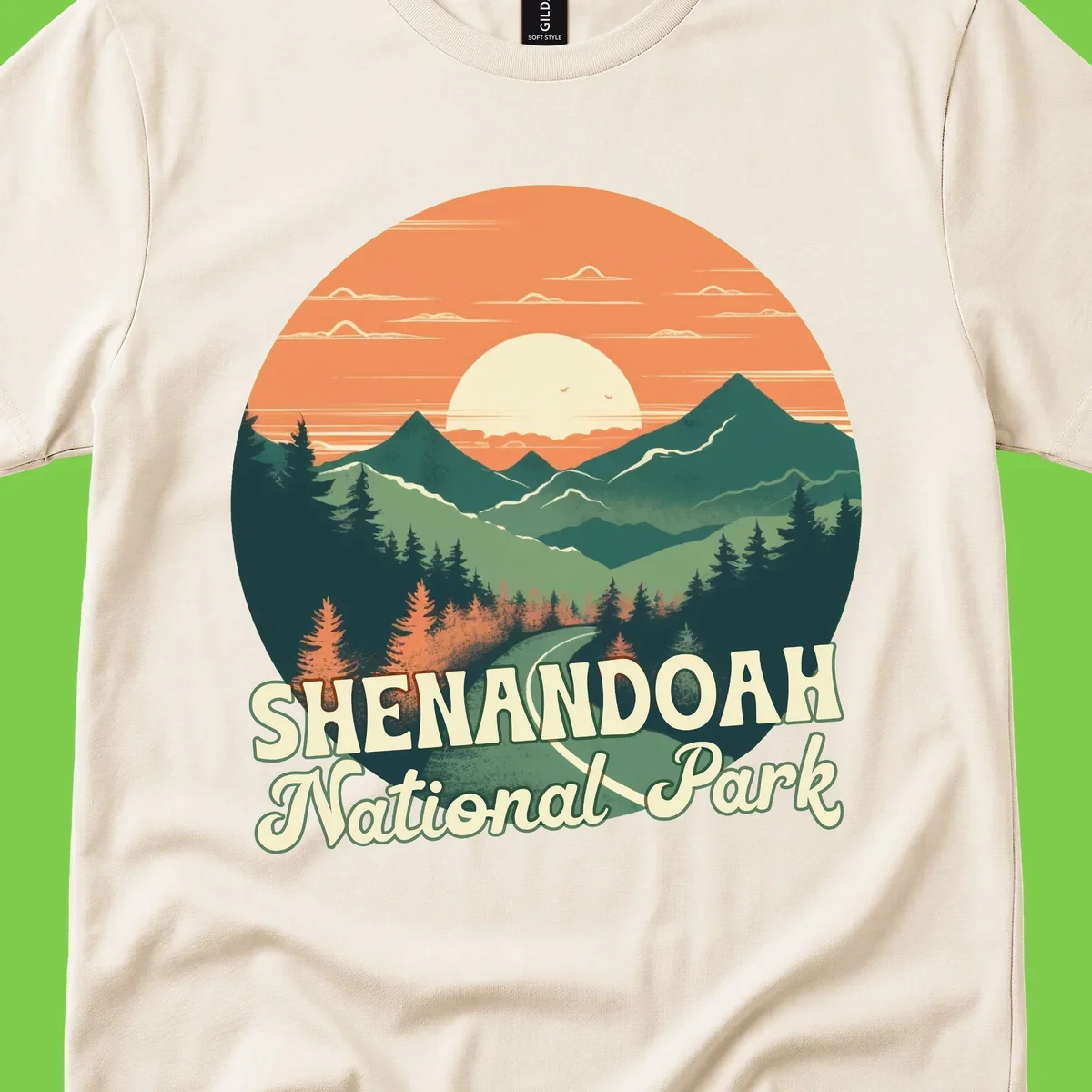 Vintage-style illustration of Shenandoah National Park with layered mountains, evergreen forests, and a large orange sunset sky with text reading Shenandoah National Park.