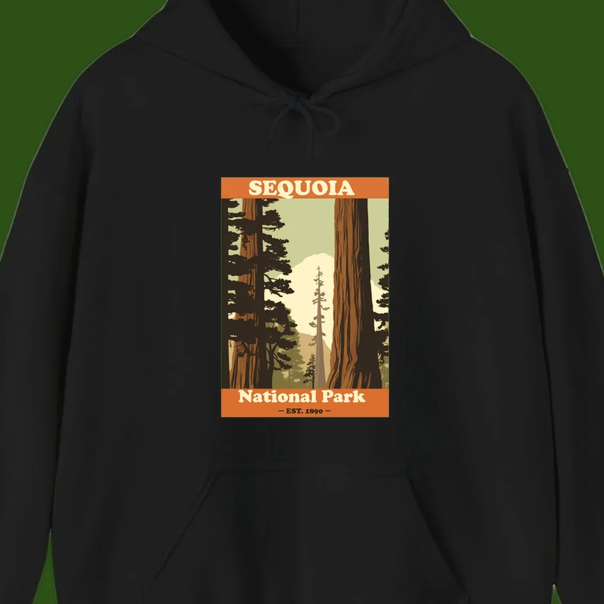 Vintage travel poster illustration of Sequoia National Park featuring towering redwood trees framing a mountain vista, established 1890.