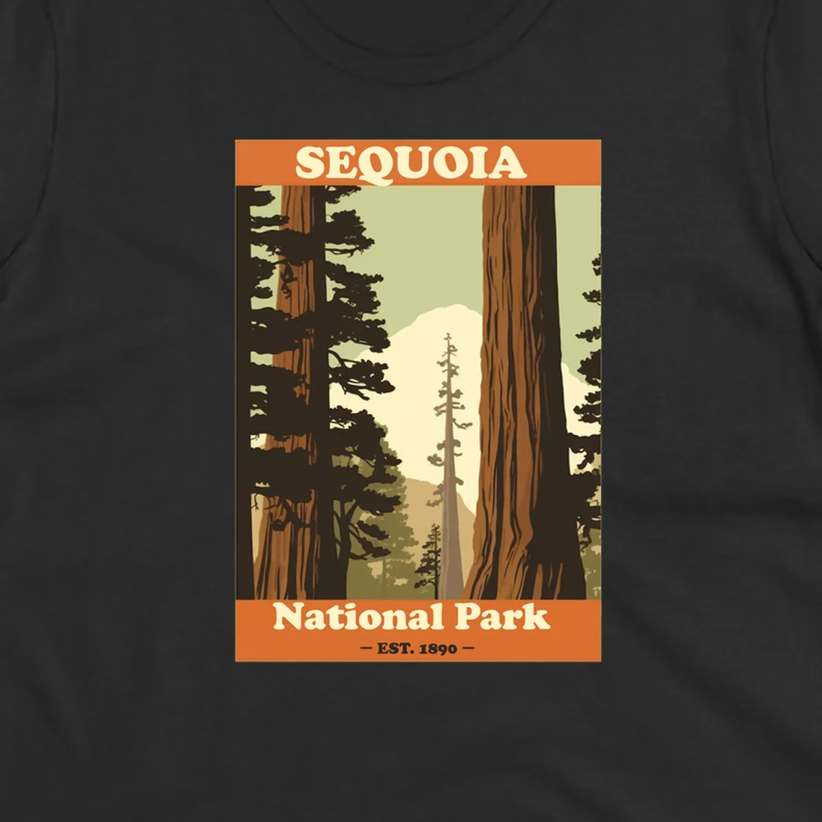 Vintage travel poster illustration of Sequoia National Park featuring towering redwood trees framing a mountain vista, established 1890.