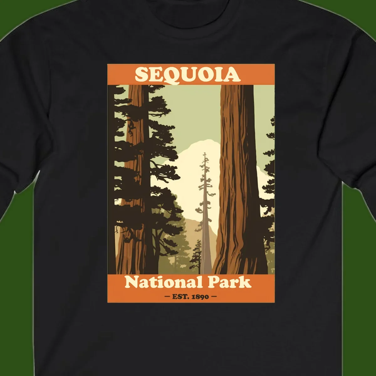 Vintage travel poster illustration of Sequoia National Park featuring towering redwood trees framing a mountain vista, established 1890.