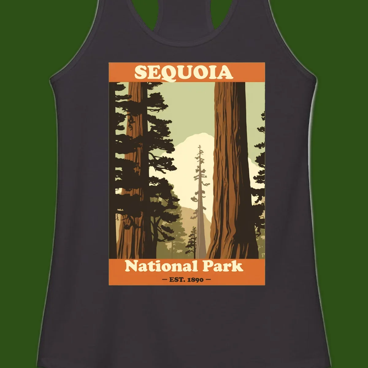 Vintage travel poster illustration of Sequoia National Park featuring towering redwood trees framing a mountain vista, established 1890.