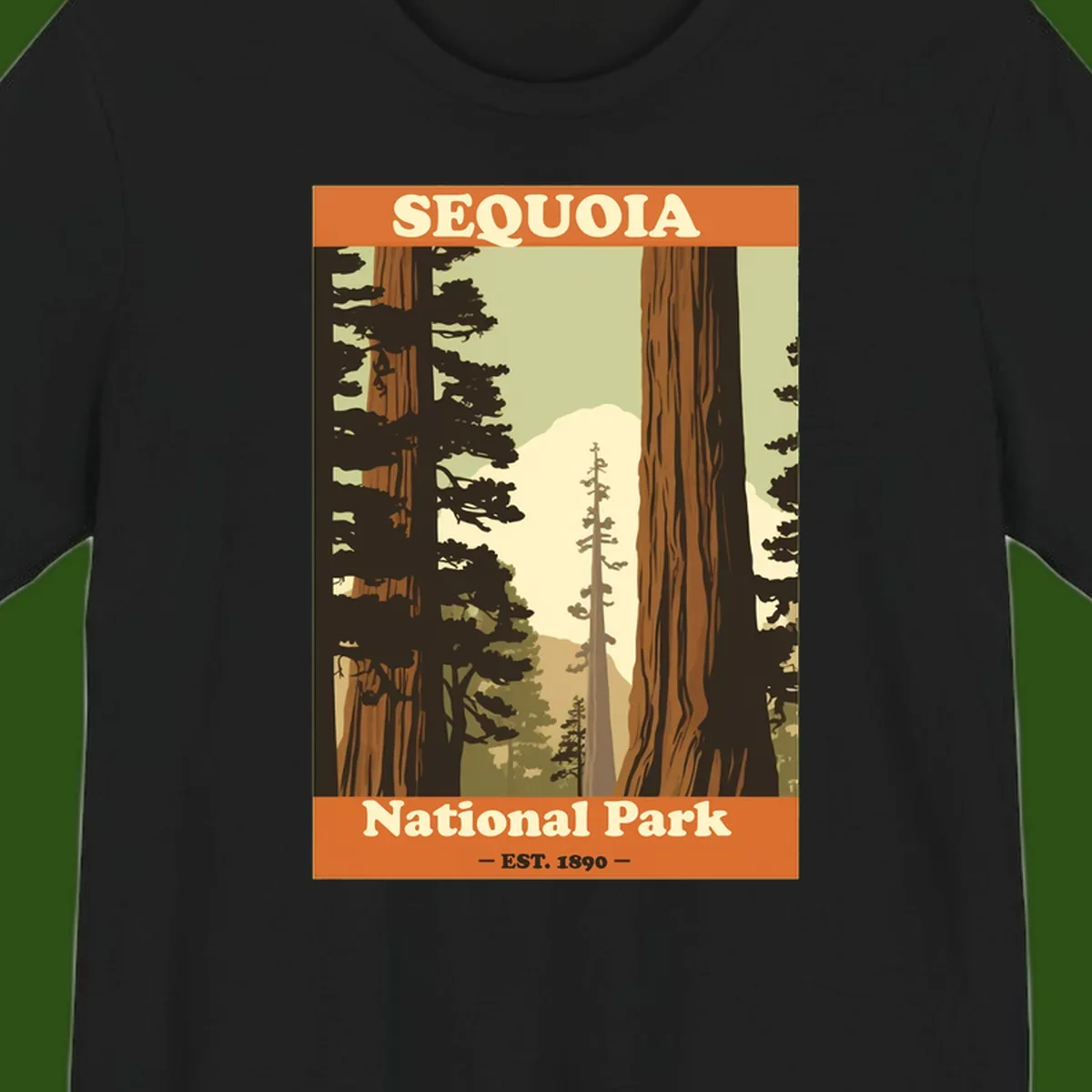 Vintage travel poster illustration of Sequoia National Park featuring towering redwood trees framing a mountain vista, established 1890.