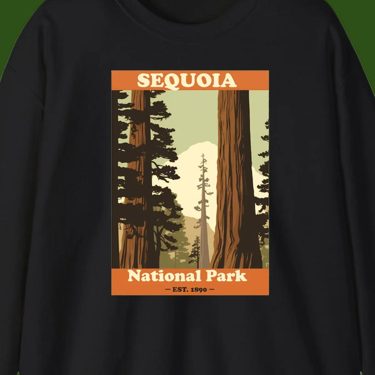 Vintage travel poster illustration of Sequoia National Park featuring towering redwood trees framing a mountain vista, established 1890.