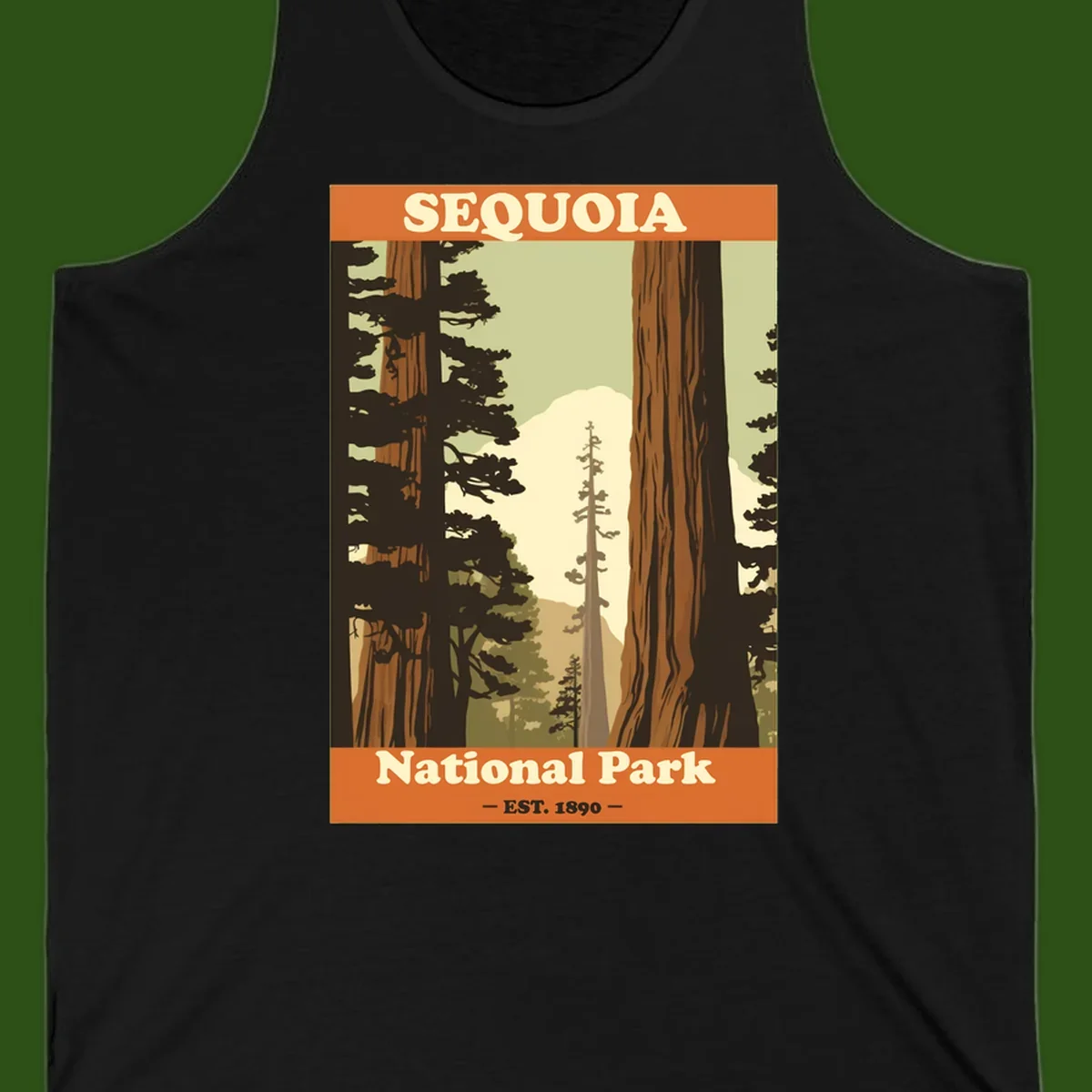 Vintage travel poster illustration of Sequoia National Park featuring towering redwood trees framing a mountain vista, established 1890.