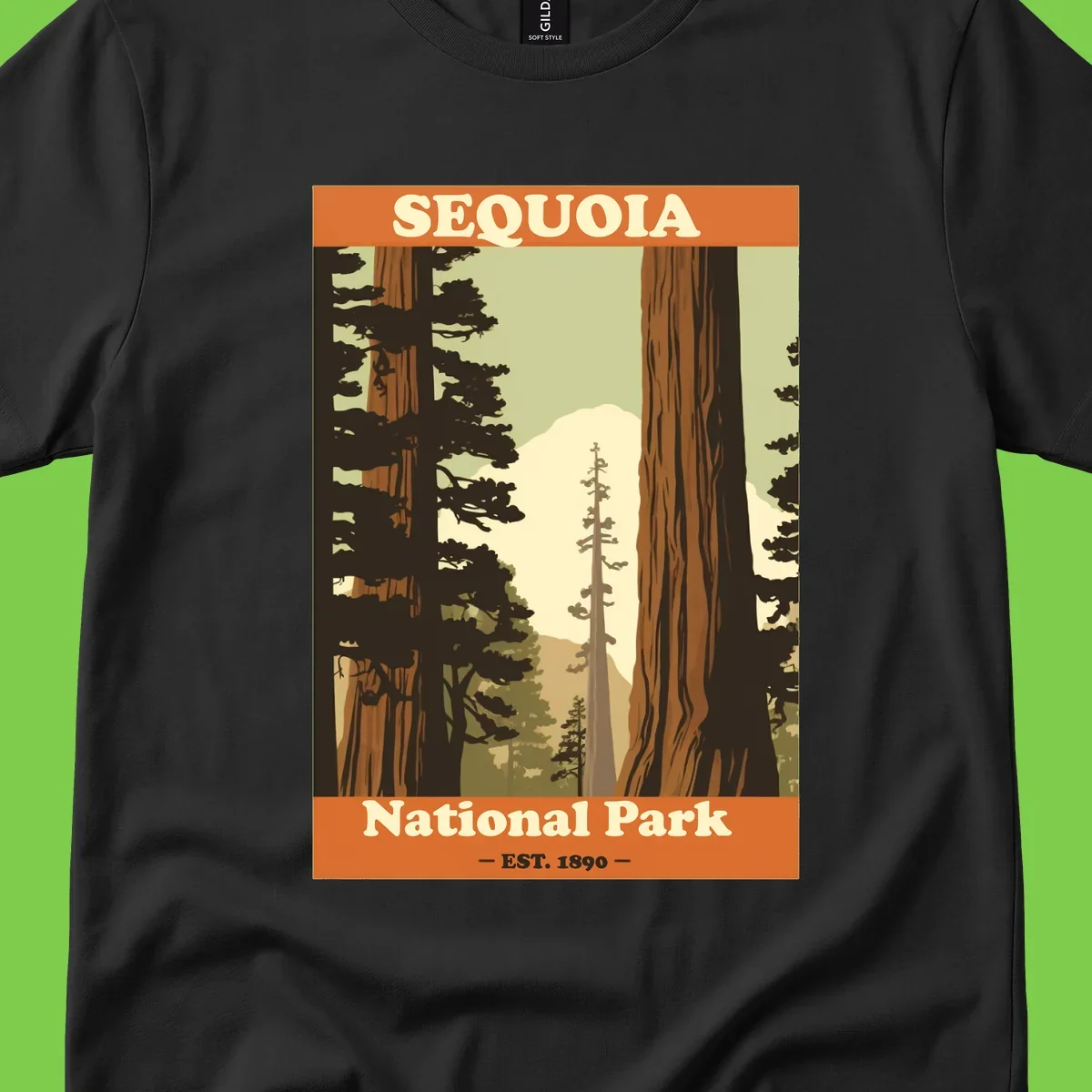 Vintage travel poster illustration of Sequoia National Park featuring towering redwood trees framing a mountain vista, established 1890.
