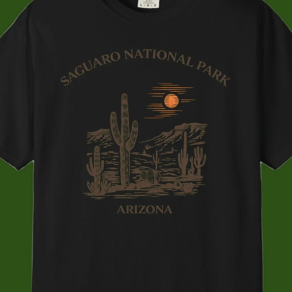 Vintage Saguaro National Park Arizona design with tall saguaro cacti, desert plants, and sun over rocky landscape