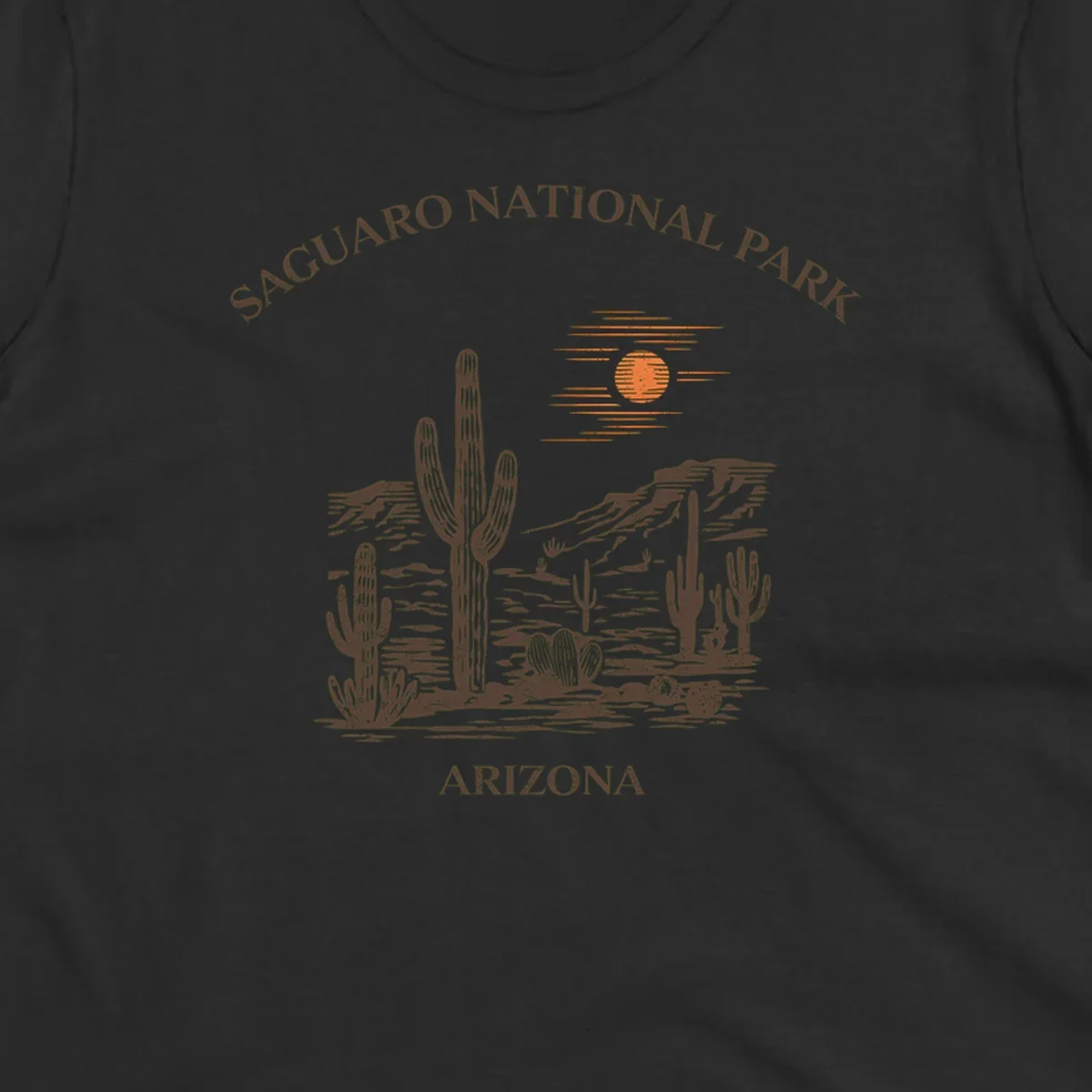 Vintage Saguaro National Park Arizona design with tall saguaro cacti, desert plants, and sun over rocky landscape
