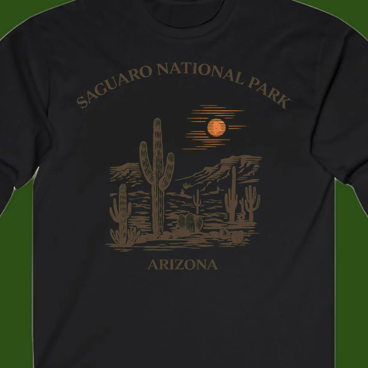 Vintage Saguaro National Park Arizona design with tall saguaro cacti, desert plants, and sun over rocky landscape