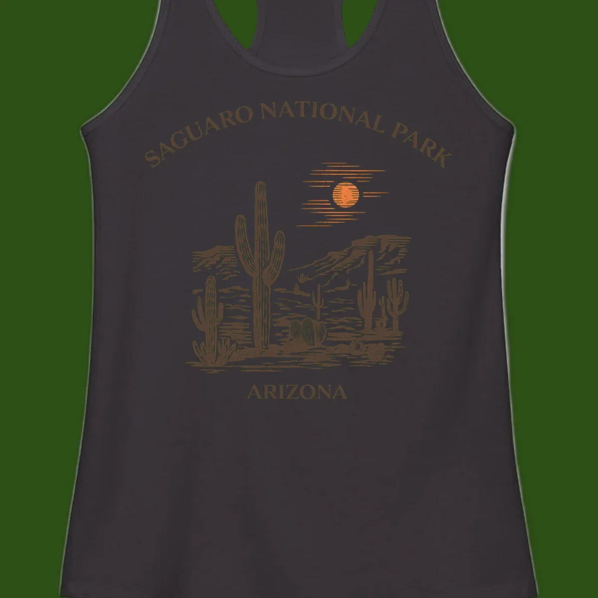 Vintage Saguaro National Park Arizona design with tall saguaro cacti, desert plants, and sun over rocky landscape