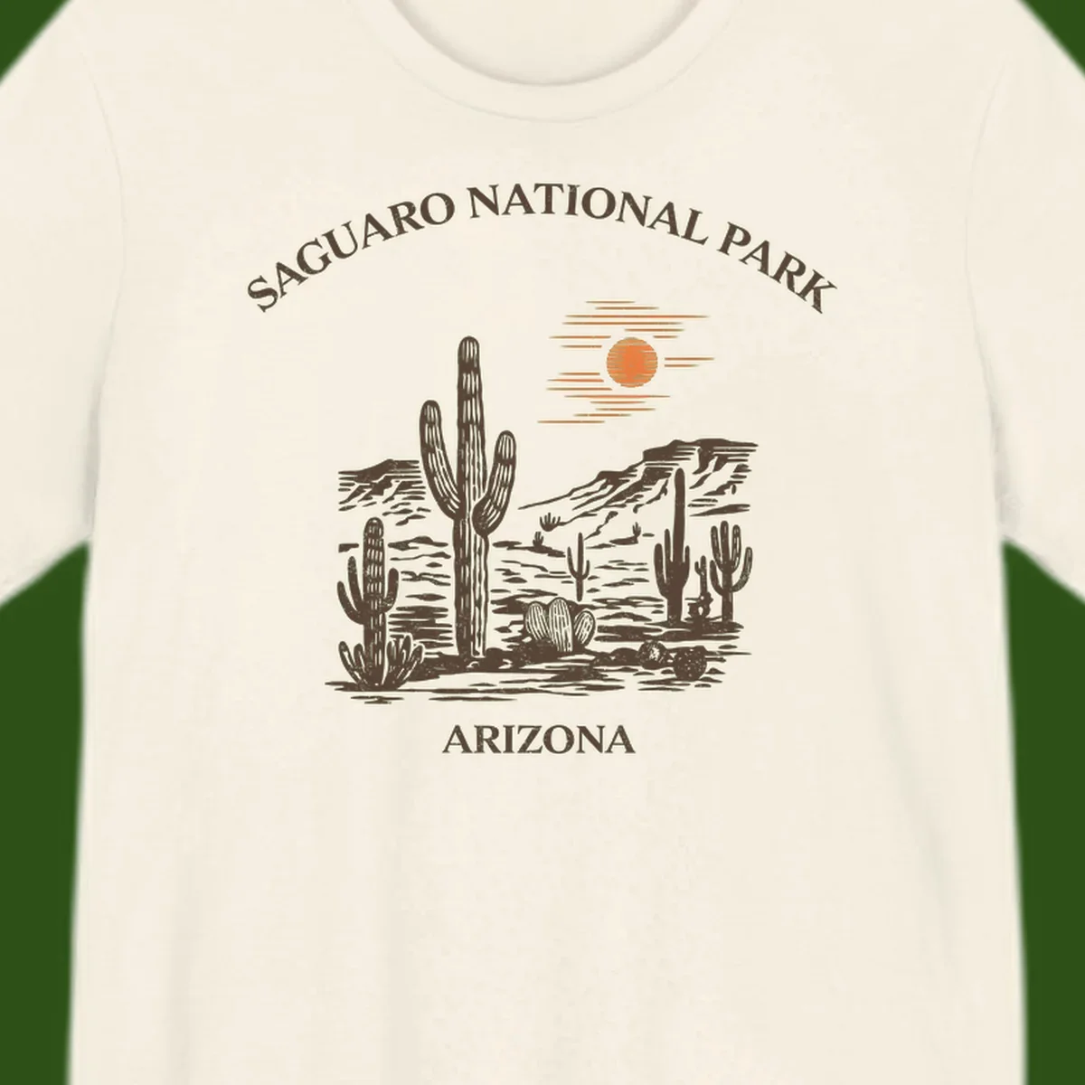 Vintage Saguaro National Park Arizona design with tall saguaro cacti, desert plants, and sun over rocky landscape
