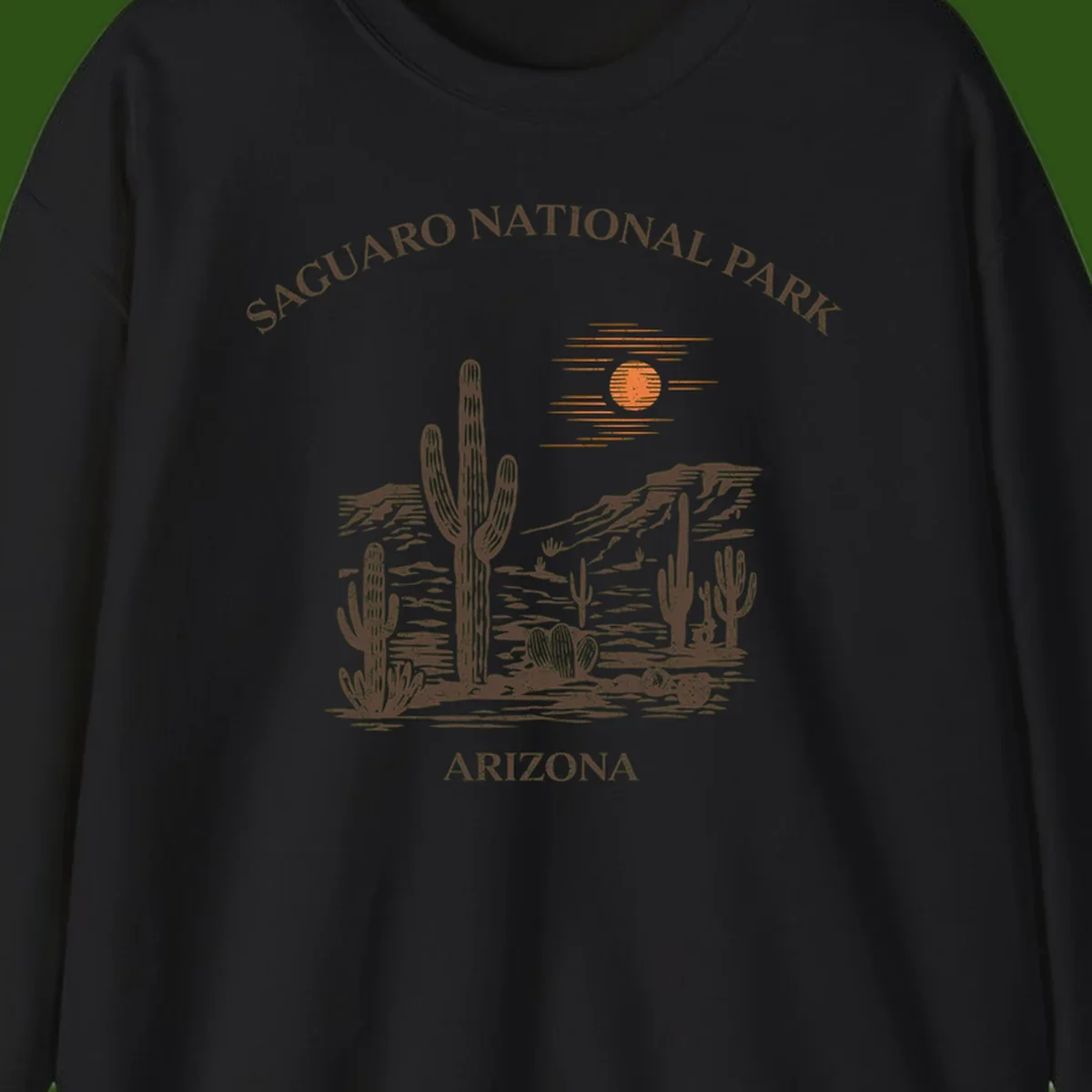 Vintage Saguaro National Park Arizona design with tall saguaro cacti, desert plants, and sun over rocky landscape