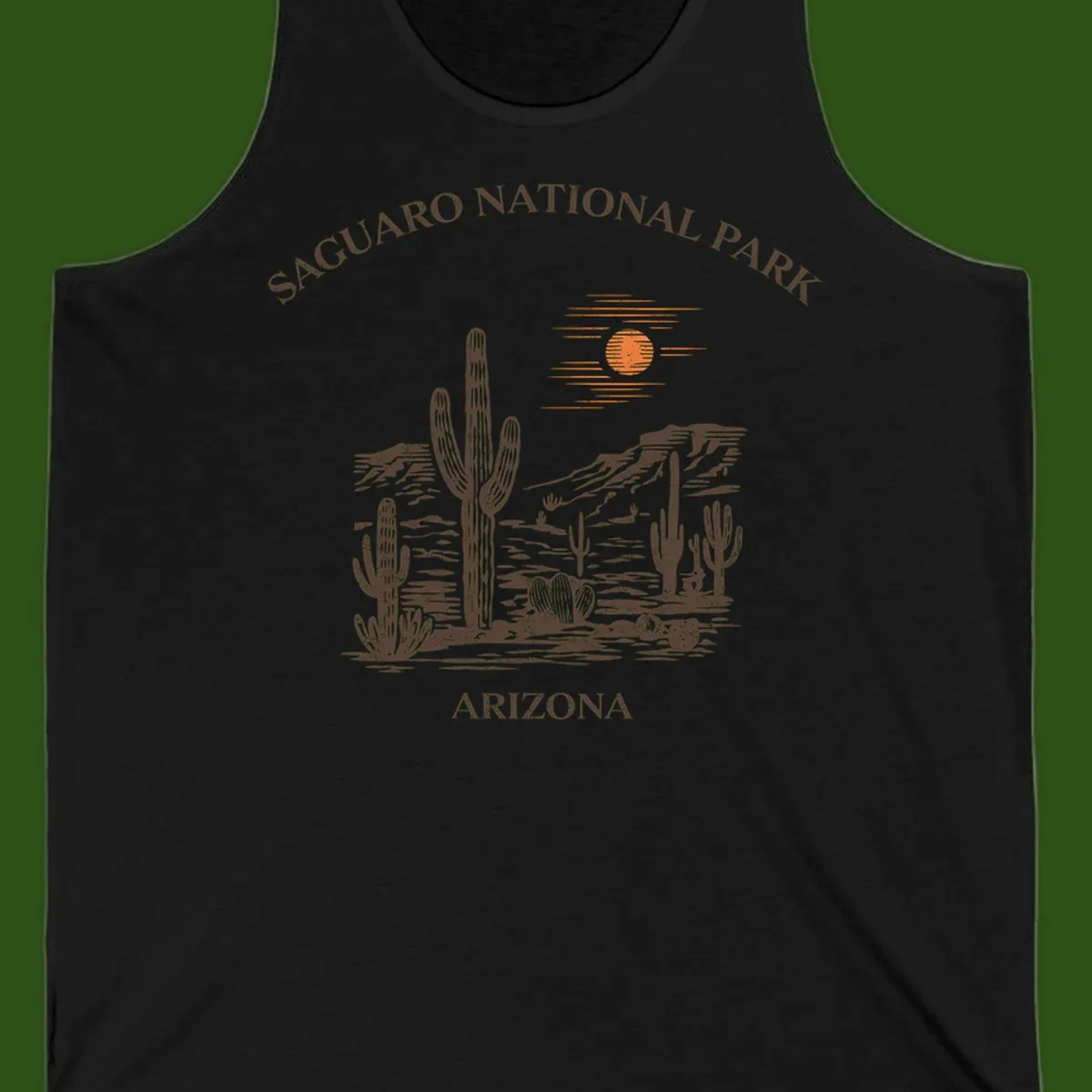 Vintage Saguaro National Park Arizona design with tall saguaro cacti, desert plants, and sun over rocky landscape