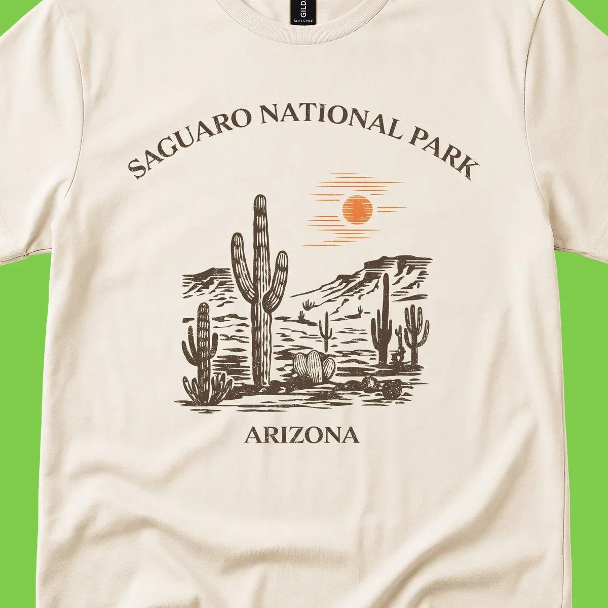 Vintage Saguaro National Park Arizona design with tall saguaro cacti, desert plants, and sun over rocky landscape