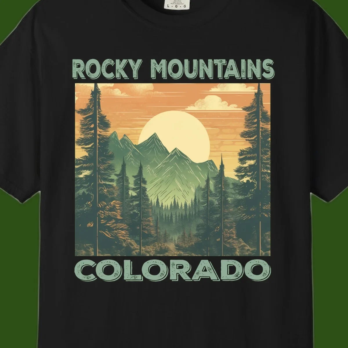 Vintage-style illustration of Rocky Mountains Colorado with golden sunset, evergreen trees, and mountain peaks in retro colors.