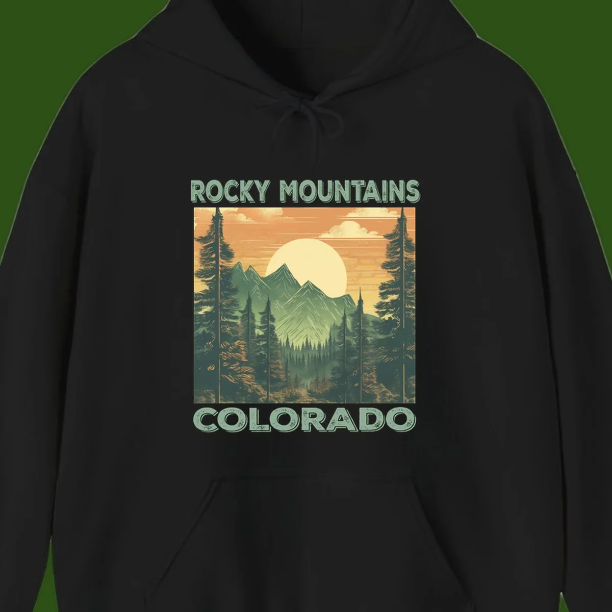 Vintage-style illustration of Rocky Mountains Colorado with golden sunset, evergreen trees, and mountain peaks in retro colors.
