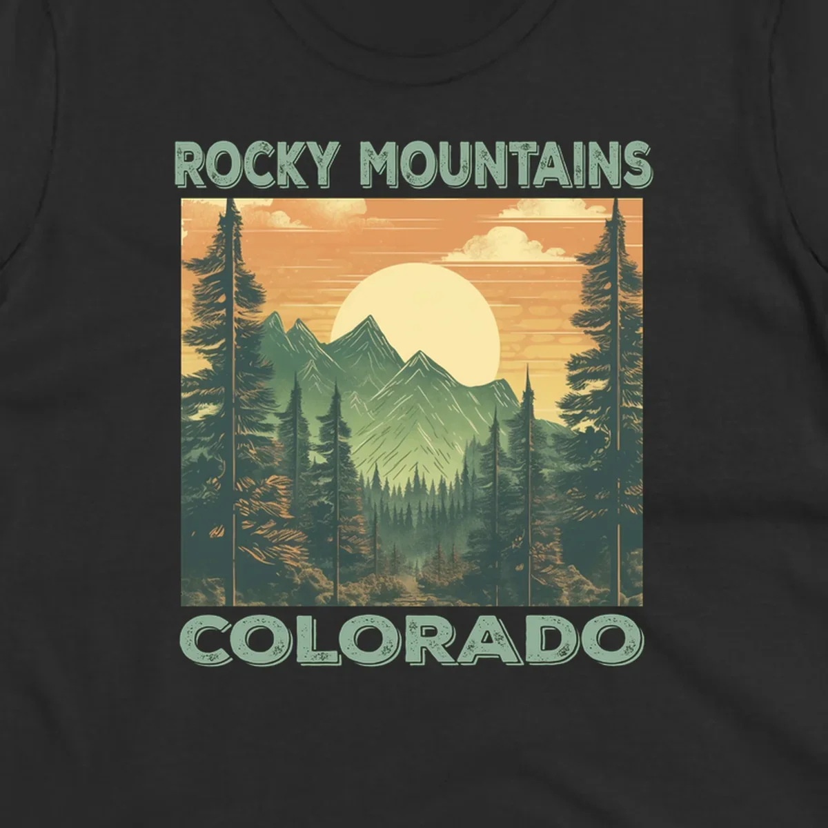 Vintage-style illustration of Rocky Mountains Colorado with golden sunset, evergreen trees, and mountain peaks in retro colors.