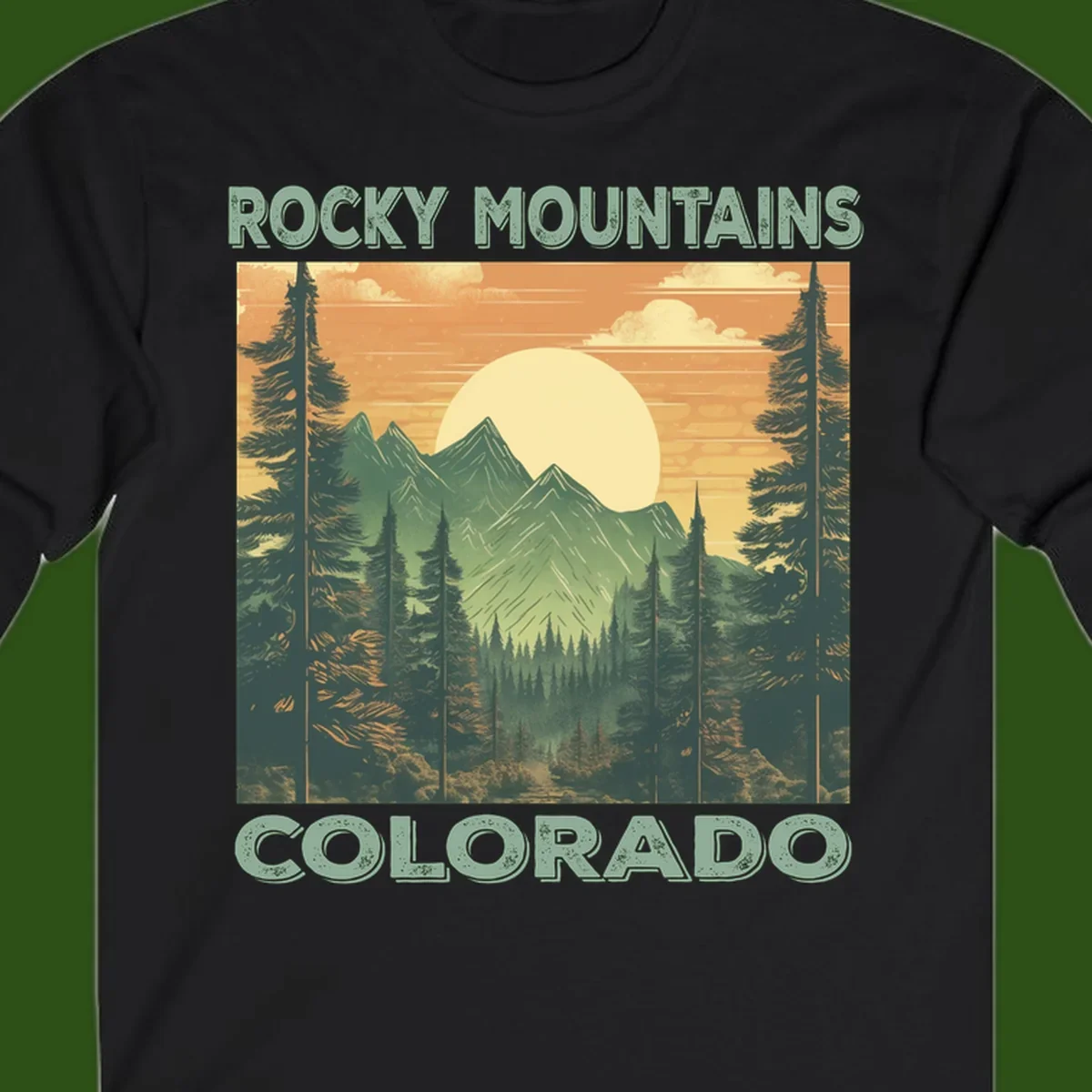 Vintage-style illustration of Rocky Mountains Colorado with golden sunset, evergreen trees, and mountain peaks in retro colors.