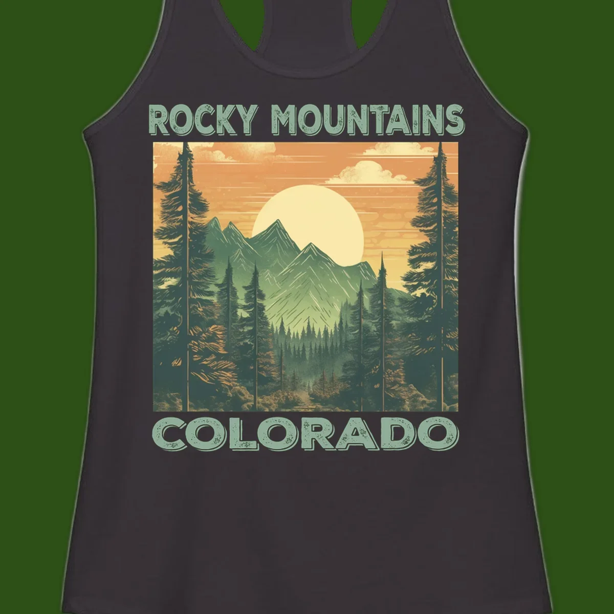 Vintage-style illustration of Rocky Mountains Colorado with golden sunset, evergreen trees, and mountain peaks in retro colors.