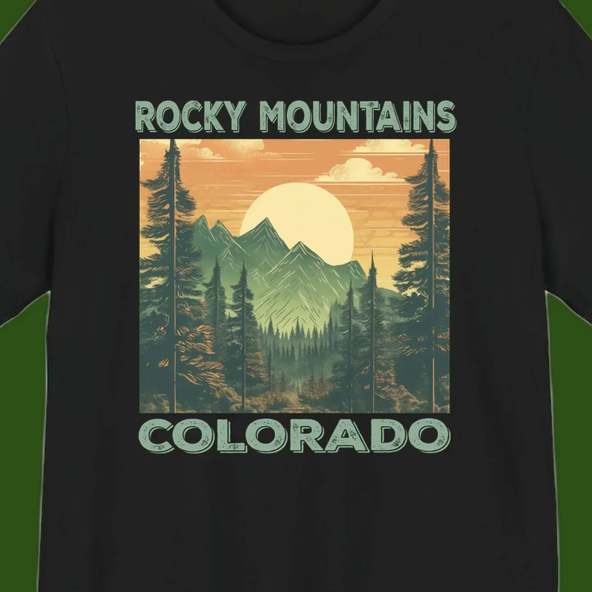 Vintage-style illustration of Rocky Mountains Colorado with golden sunset, evergreen trees, and mountain peaks in retro colors.