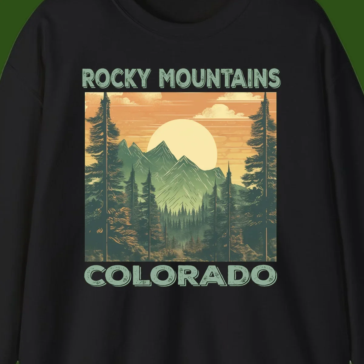 Vintage-style illustration of Rocky Mountains Colorado with golden sunset, evergreen trees, and mountain peaks in retro colors.
