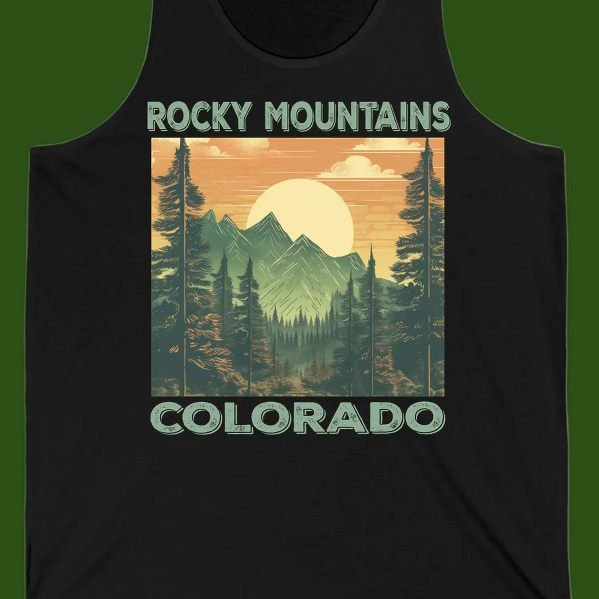 Vintage-style illustration of Rocky Mountains Colorado with golden sunset, evergreen trees, and mountain peaks in retro colors.