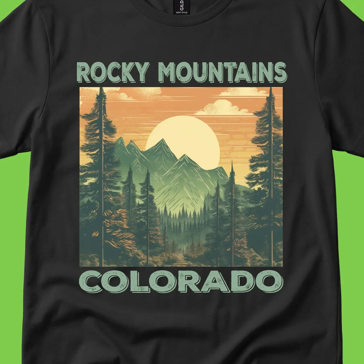 Vintage-style illustration of Rocky Mountains Colorado with golden sunset, evergreen trees, and mountain peaks in retro colors.