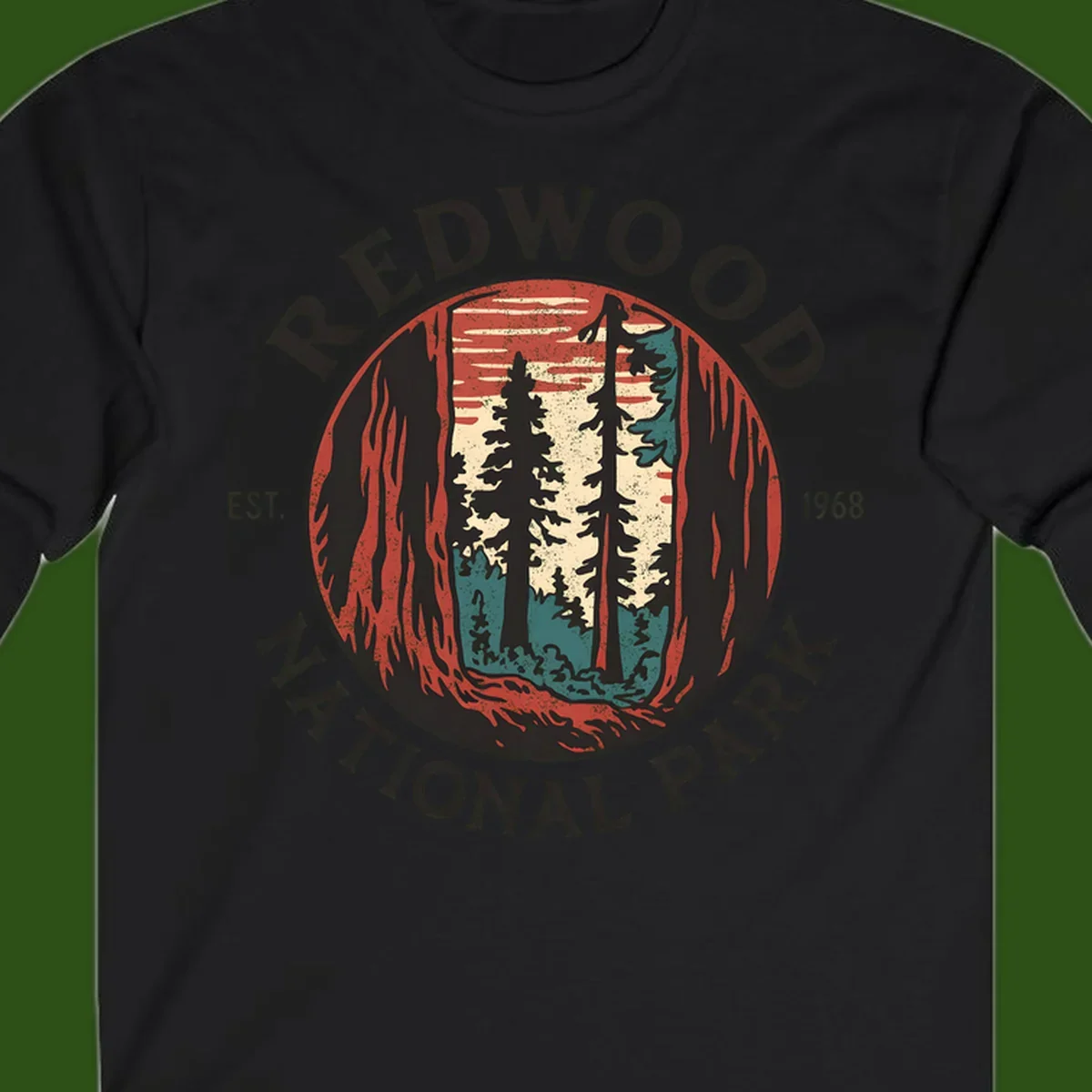 Vintage redwood national park badge design with silhouetted towering trees in circular frame, established 1968