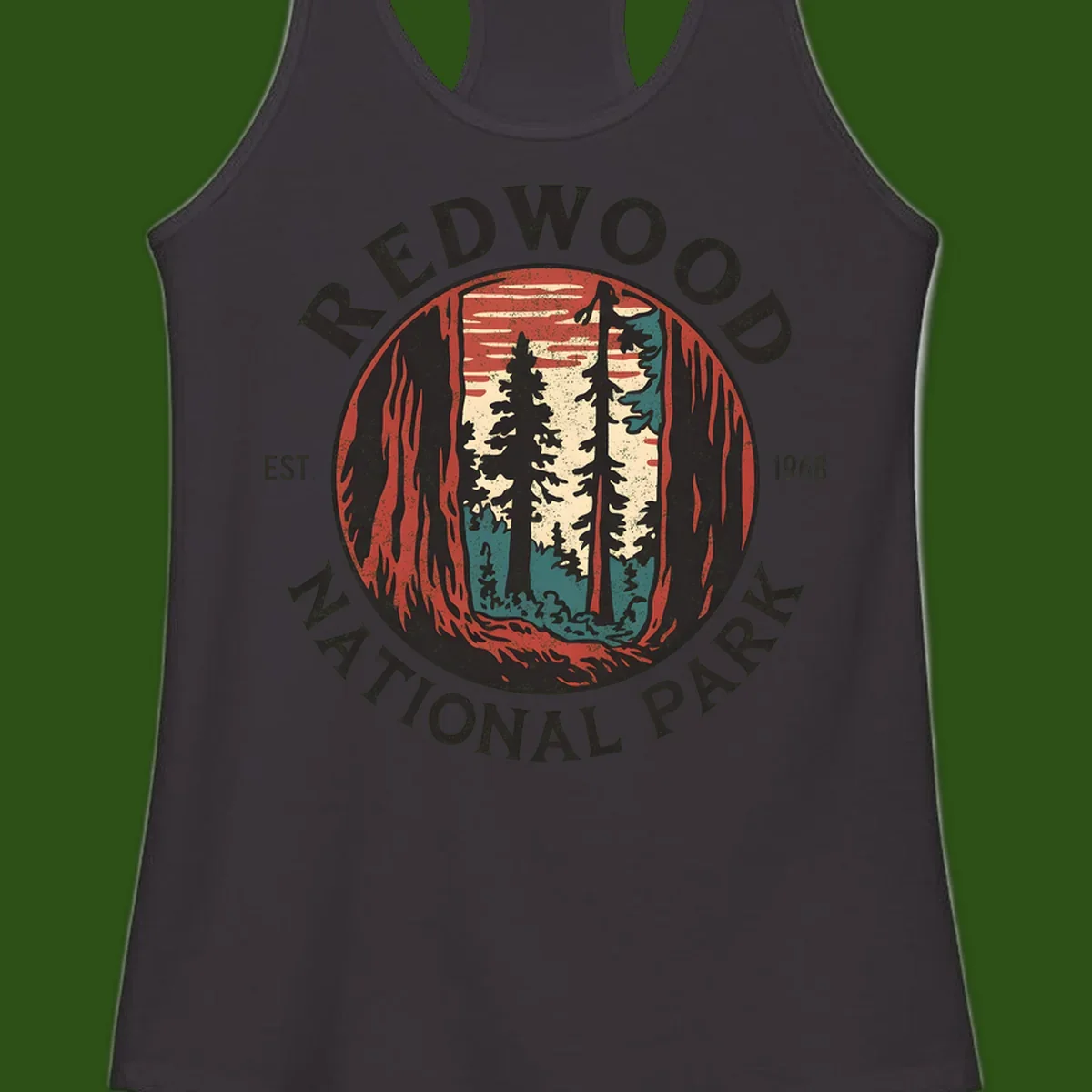 Vintage redwood national park badge design with silhouetted towering trees in circular frame, established 1968