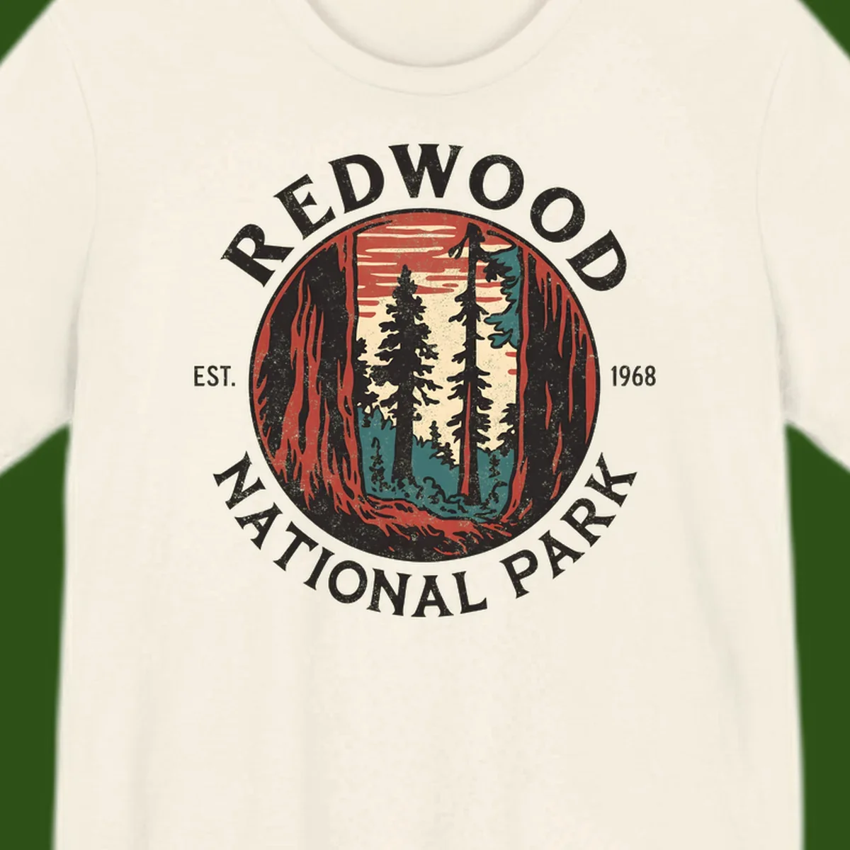 Vintage redwood national park badge design with silhouetted towering trees in circular frame, established 1968