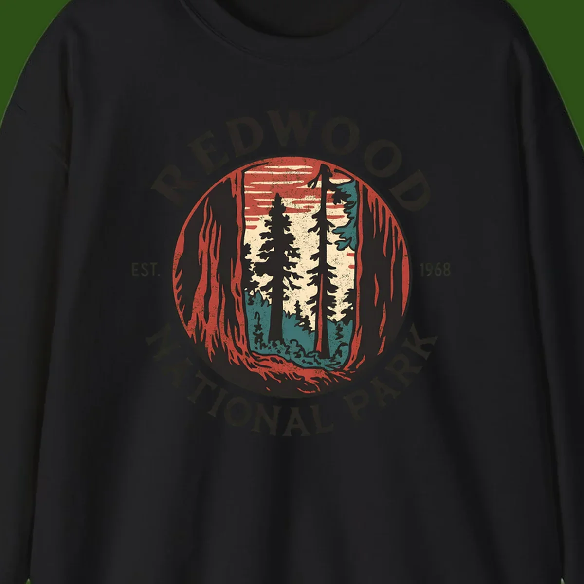 Vintage redwood national park badge design with silhouetted towering trees in circular frame, established 1968