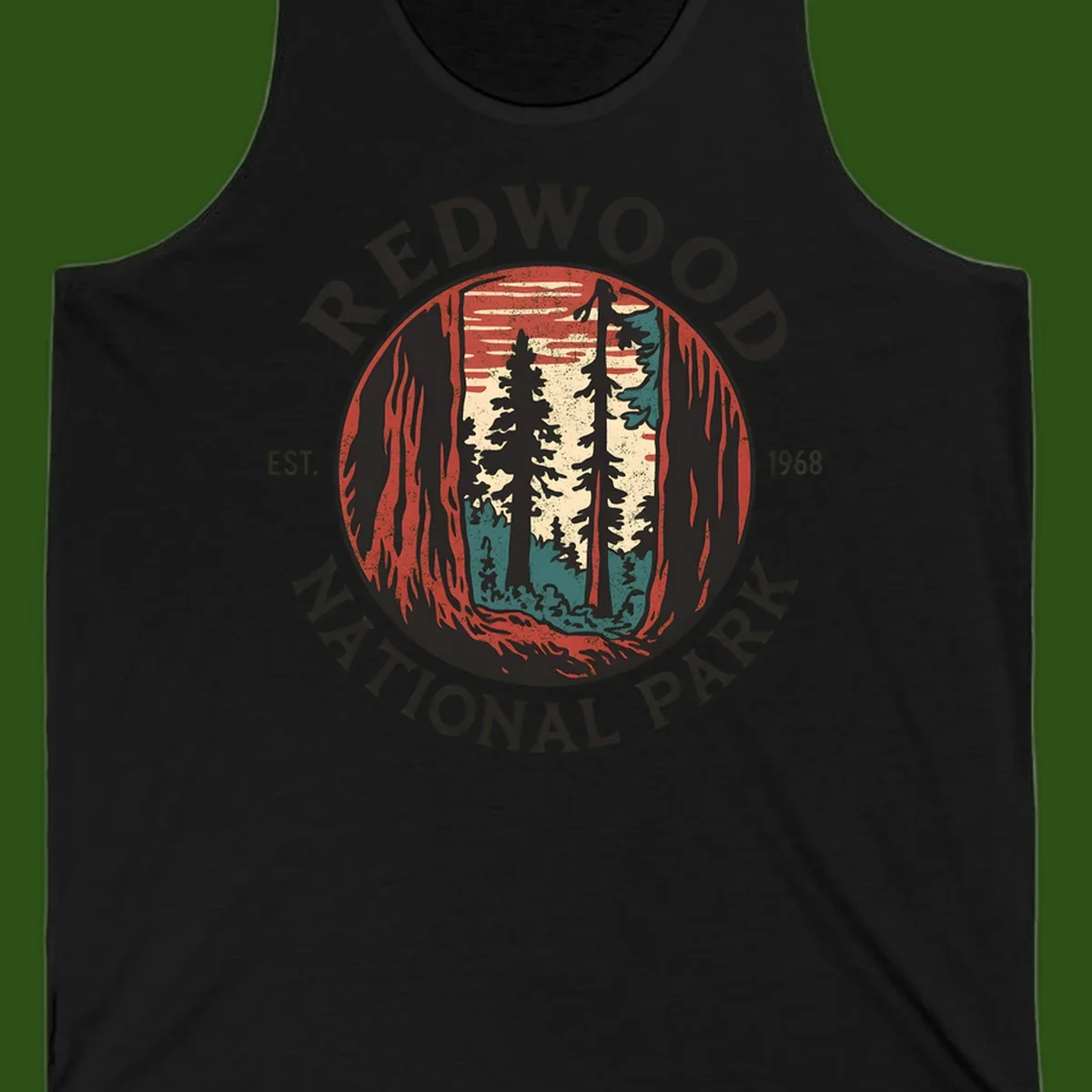 Vintage redwood national park badge design with silhouetted towering trees in circular frame, established 1968