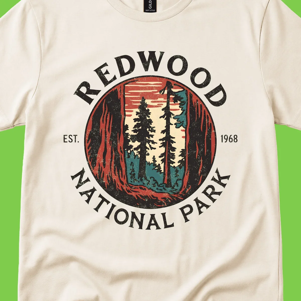Vintage redwood national park badge design with silhouetted towering trees in circular frame, established 1968