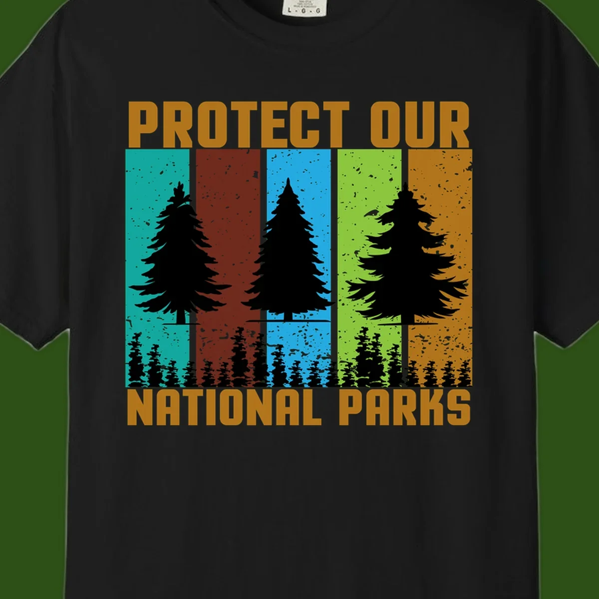 Silhouetted evergreen tree across five colorful panels with text 'Protect Our National Parks' promoting forest conservation.