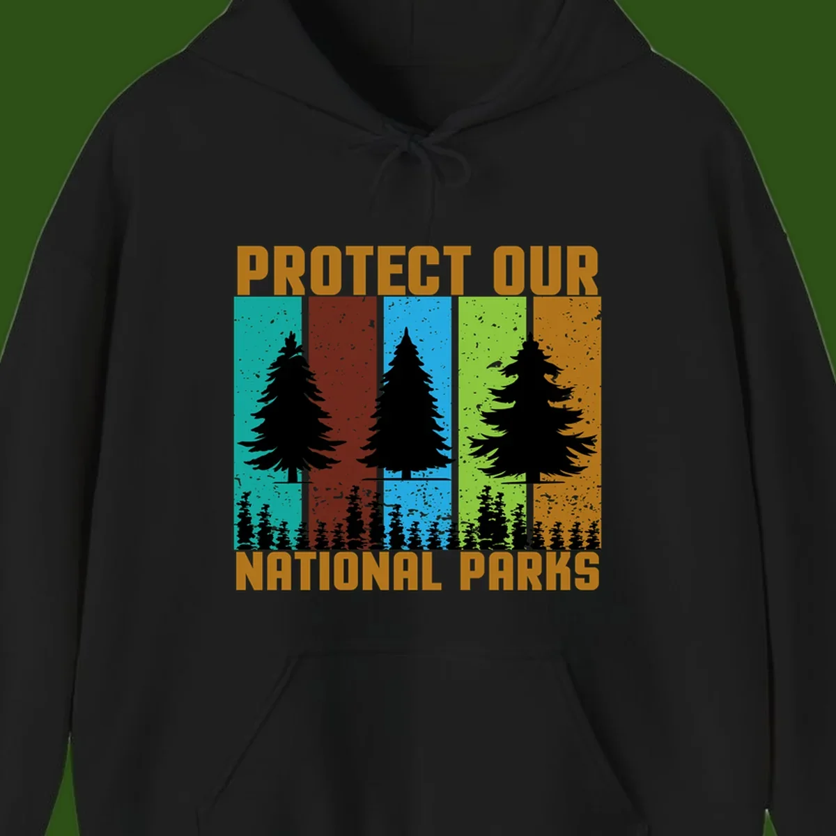 Silhouetted evergreen tree across five colorful panels with text 'Protect Our National Parks' promoting forest conservation.