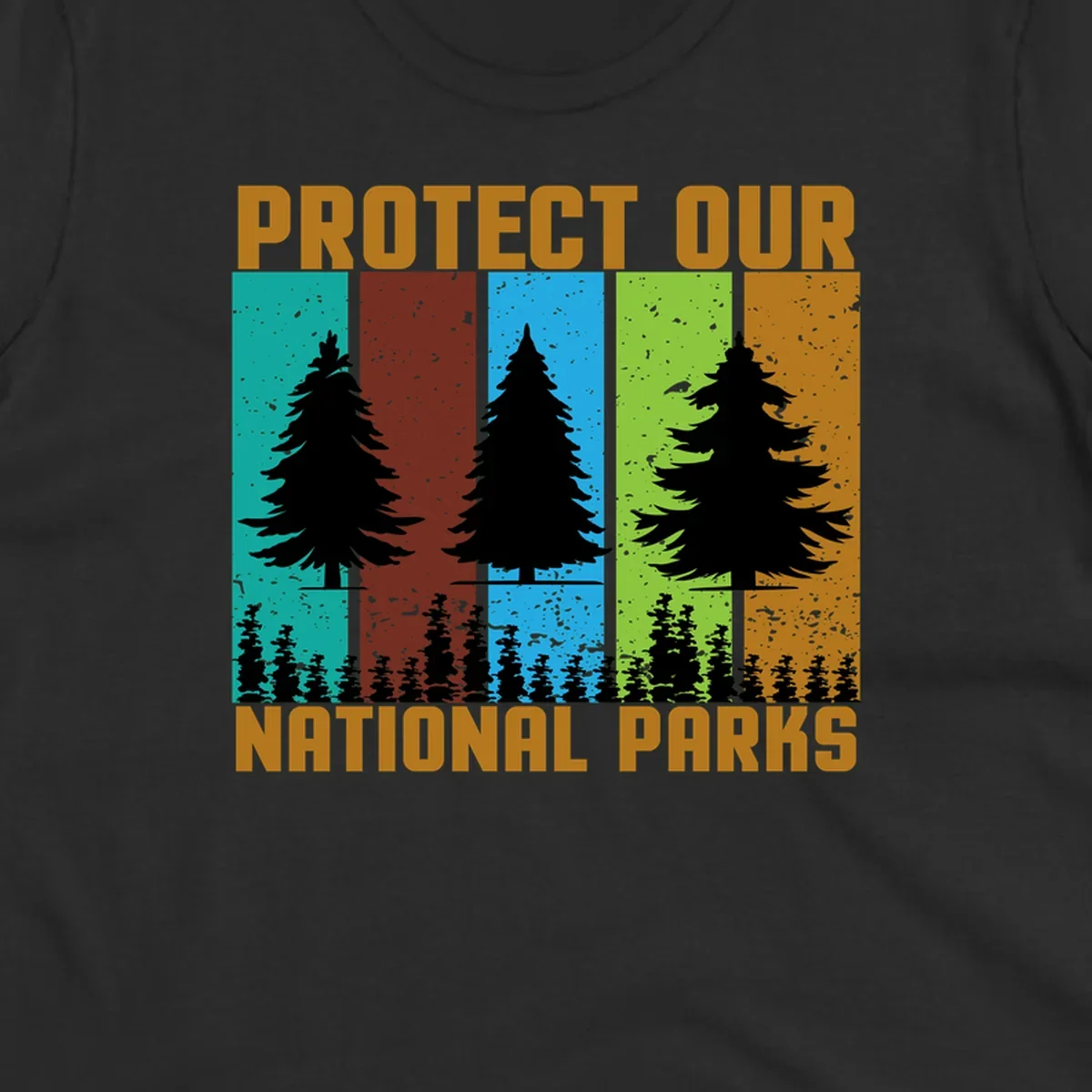 Silhouetted evergreen tree across five colorful panels with text 'Protect Our National Parks' promoting forest conservation.