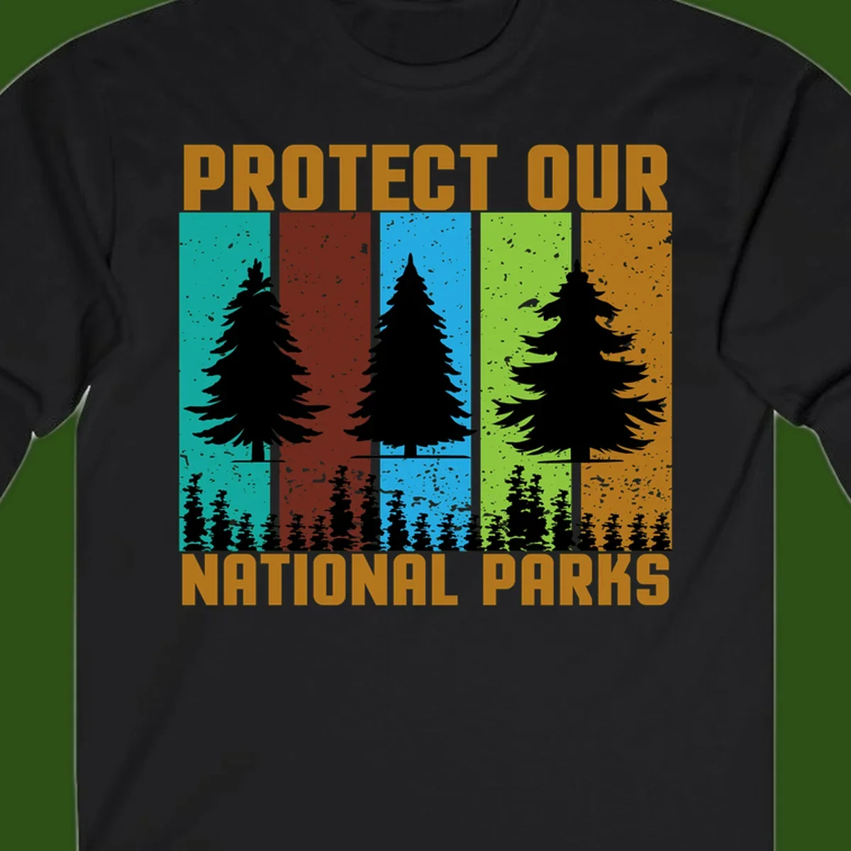 Silhouetted evergreen tree across five colorful panels with text 'Protect Our National Parks' promoting forest conservation.