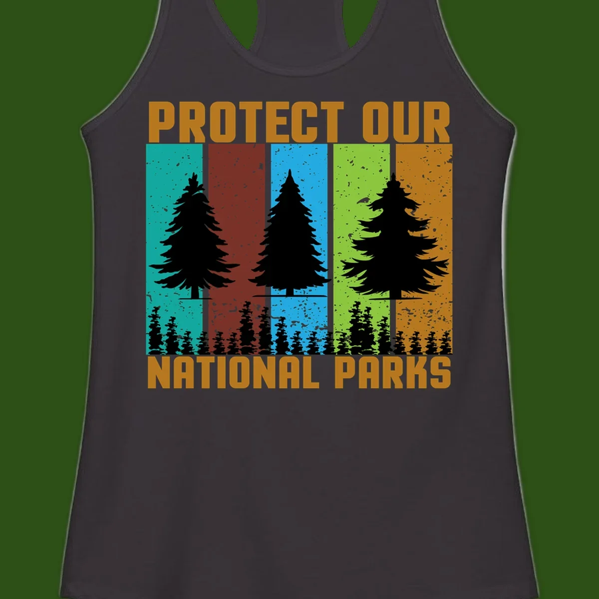 Silhouetted evergreen tree across five colorful panels with text 'Protect Our National Parks' promoting forest conservation.