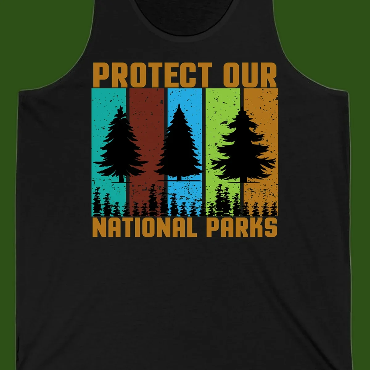 Silhouetted evergreen tree across five colorful panels with text 'Protect Our National Parks' promoting forest conservation.