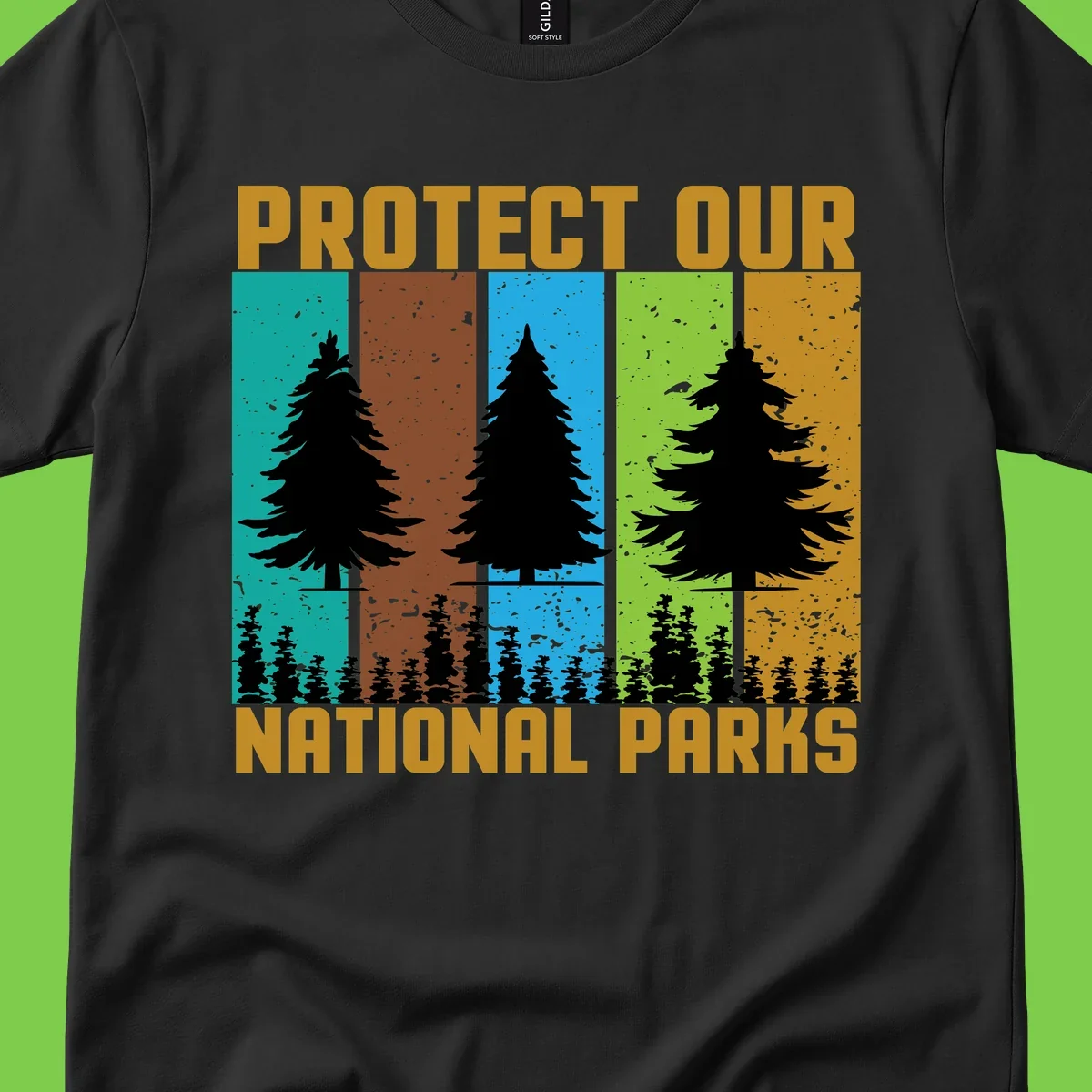 Silhouetted evergreen tree across five colorful panels with text 'Protect Our National Parks' promoting forest conservation.