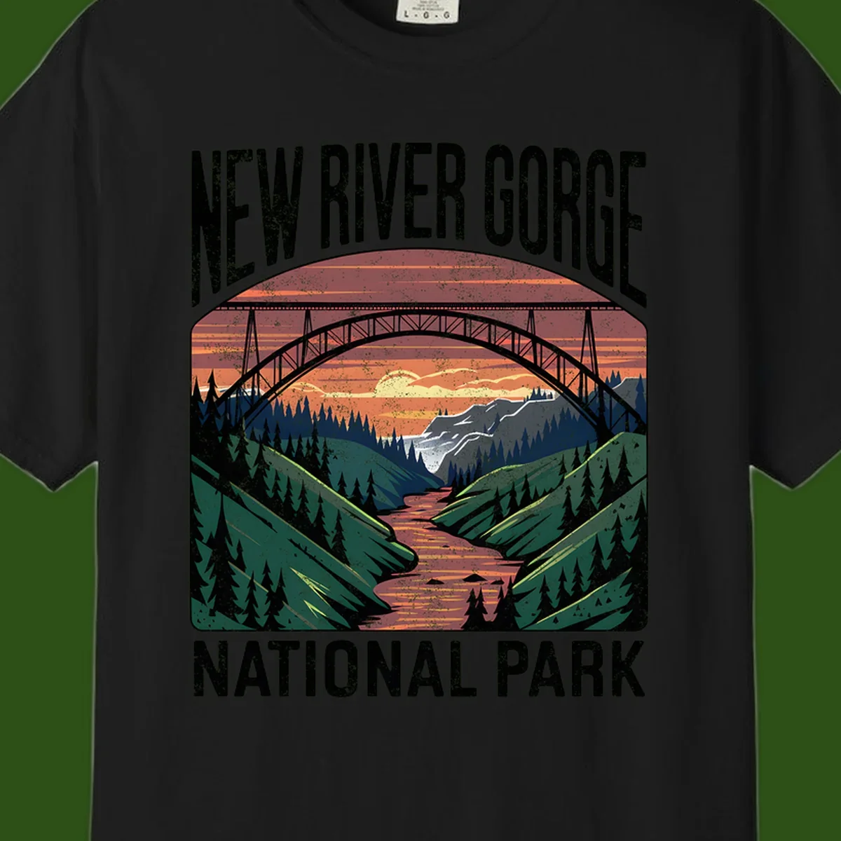 Vintage illustration of New River Gorge bridge spanning a forested river valley at sunset with orange and gold sky